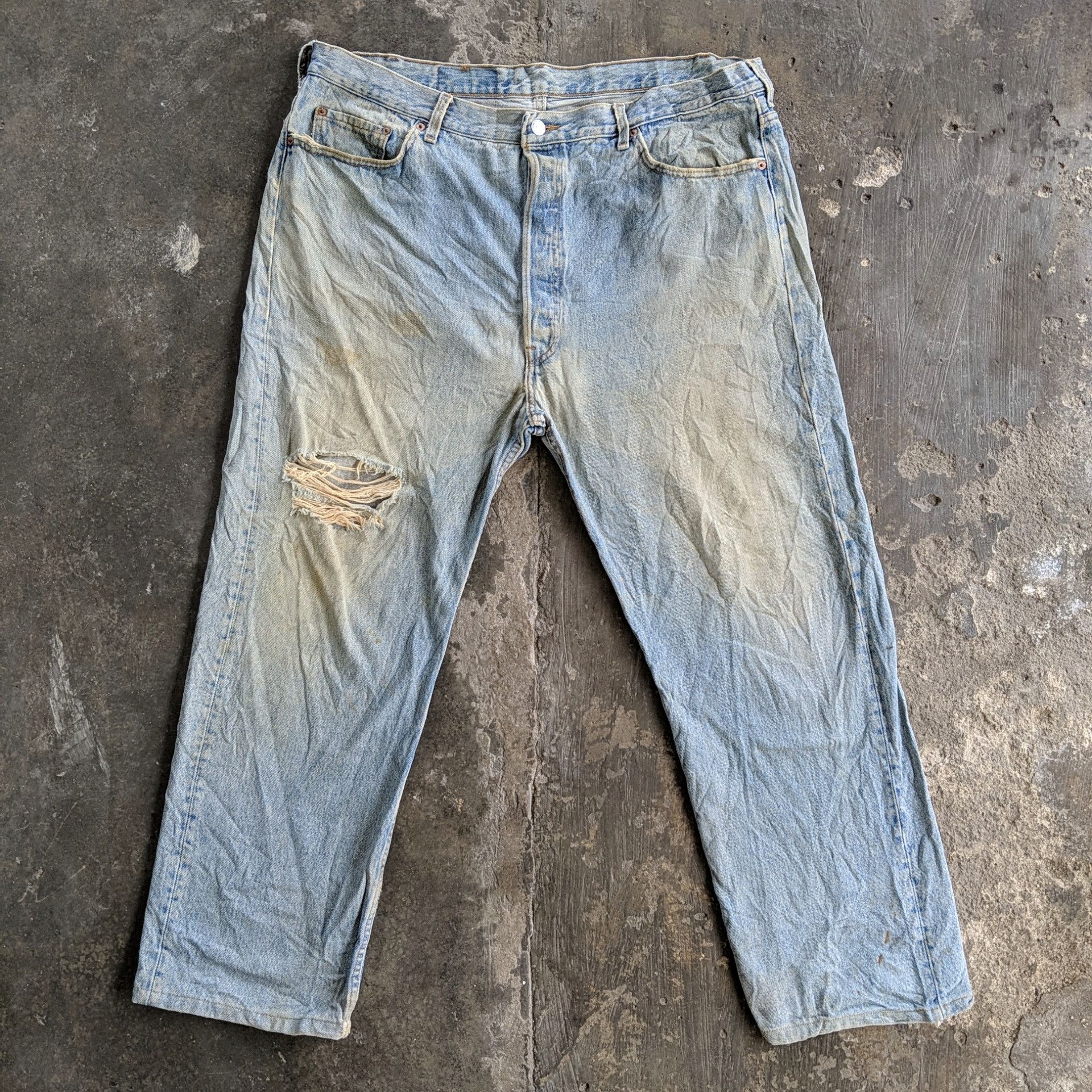image of W40 Vintage Levi's 501 Faded Distressed Denim Jeans Pants in White Faded Blue, Men's