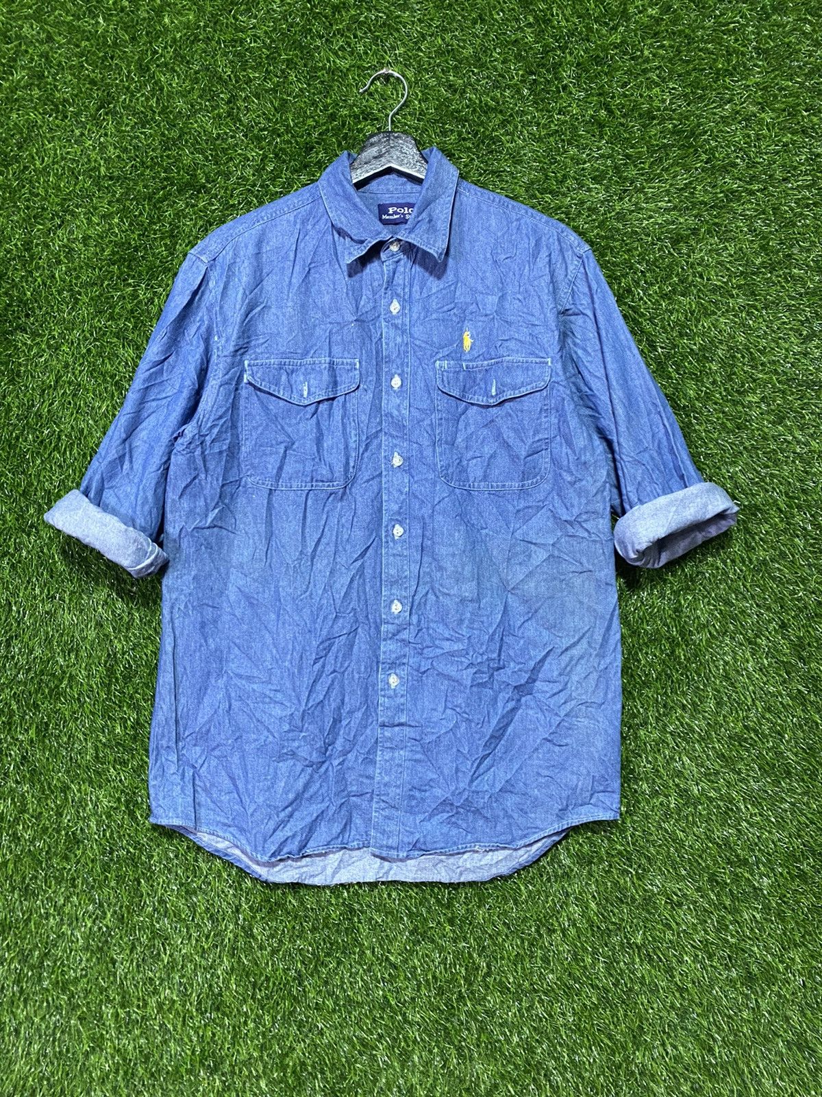 image of Distressed Denim x Vintage Polo Member Staff Denim Shirt in Denim/Tan, Men's (Size Medium)