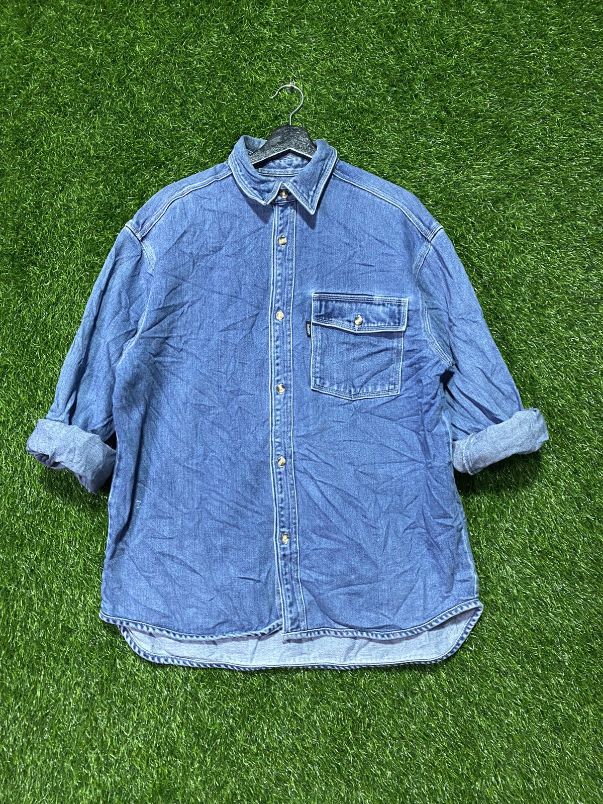 image of Vintage 80's Zippo Denim Western Worker Shirt in Denim/Tan, Men's (Size Large)