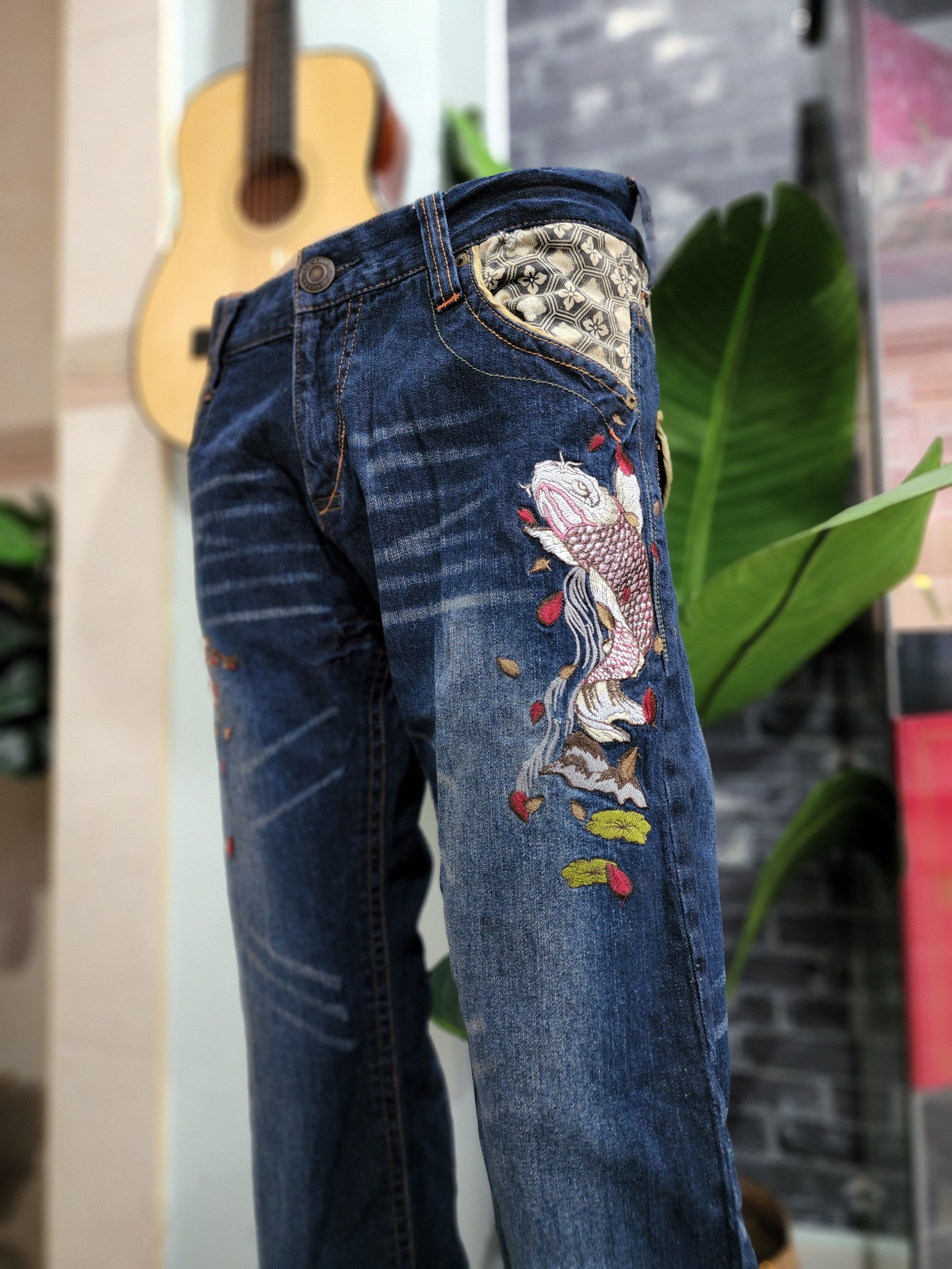 Sukajan Embroidery Fish Koi Sakura Jeans