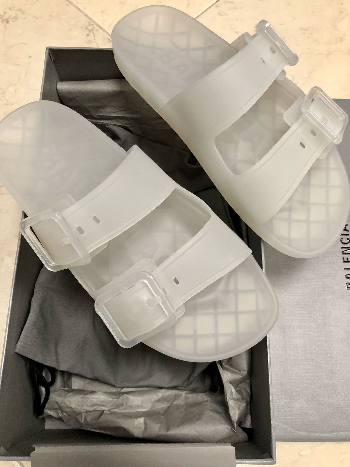 image of Balenciaga Mallorca Transparent Dual-Buckle Slide Sandals in Transparent White, Men's (Size 7)