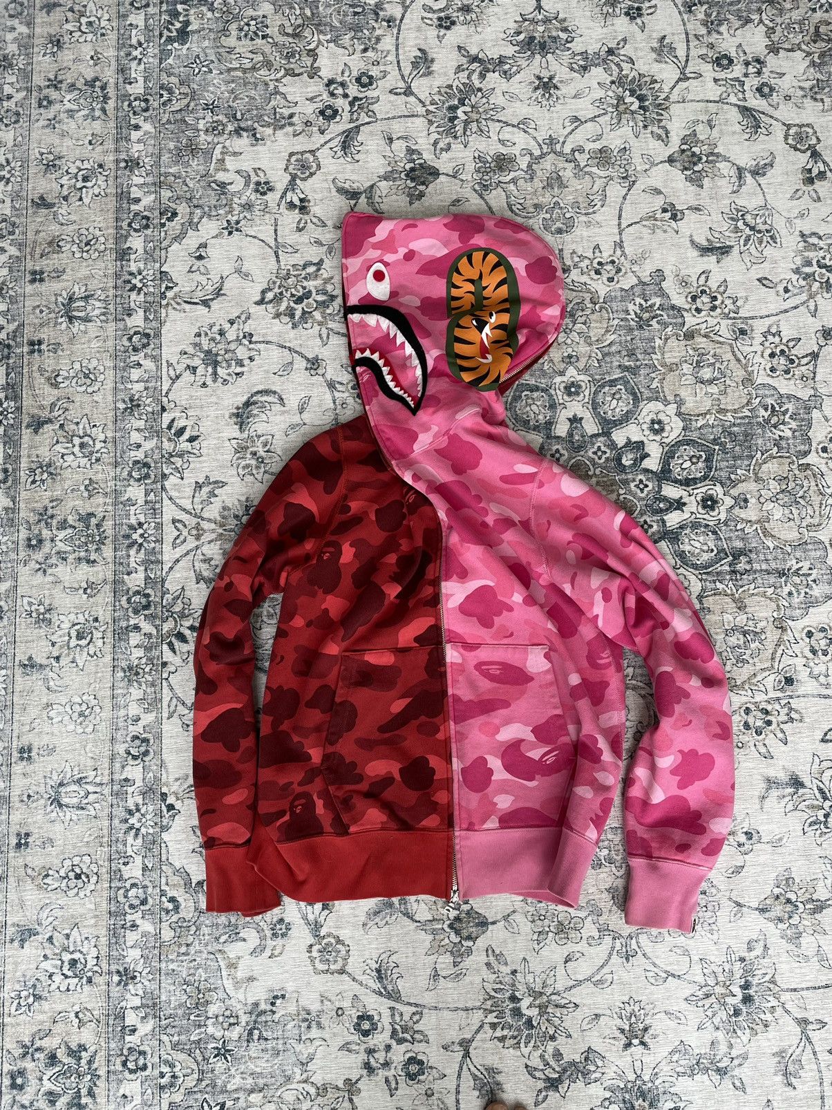 Bape Bape half half red pink shark camo zip up hoodie WGM Grailed