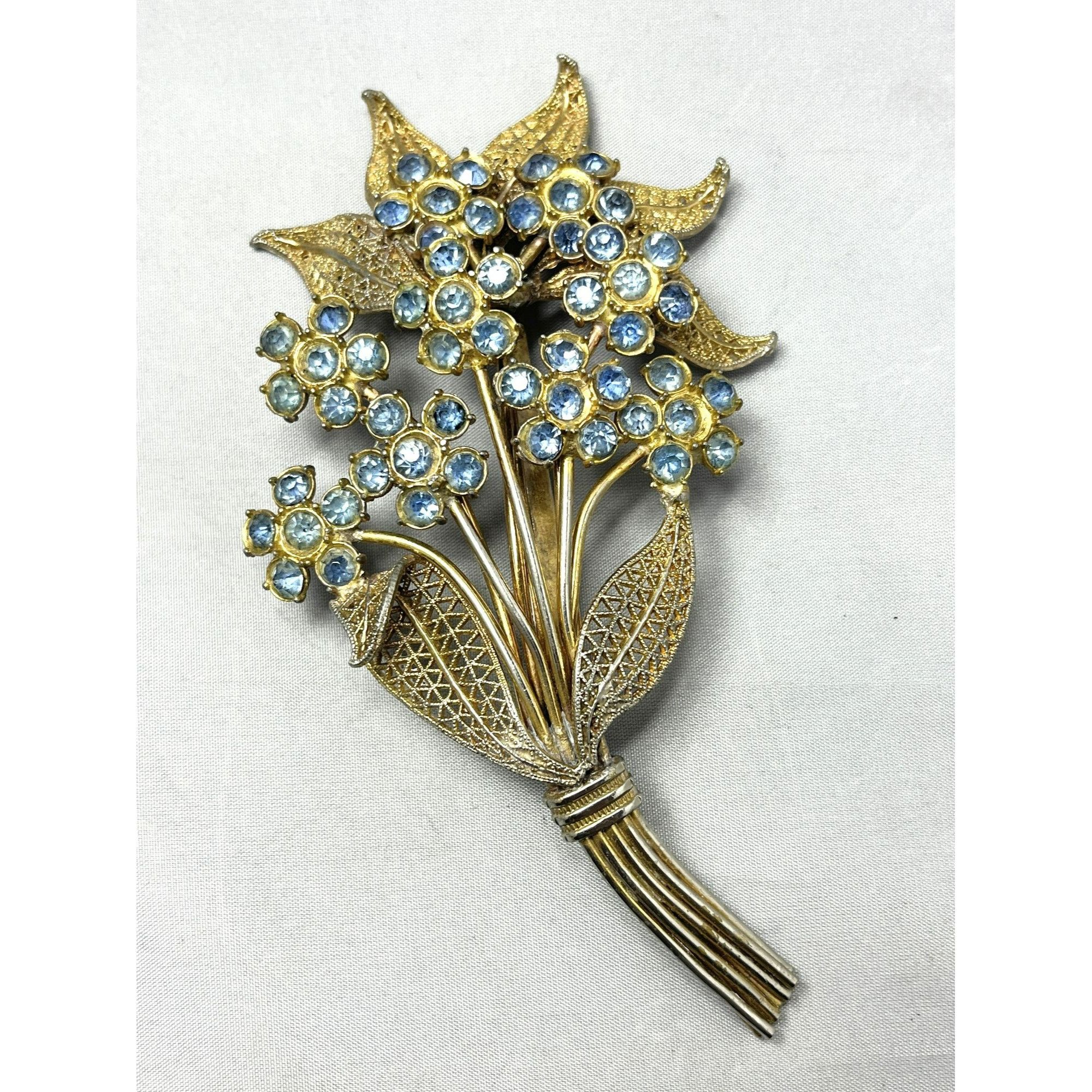 Estate Large Blue Rhinestone Flower Bouquet Brooch Pin