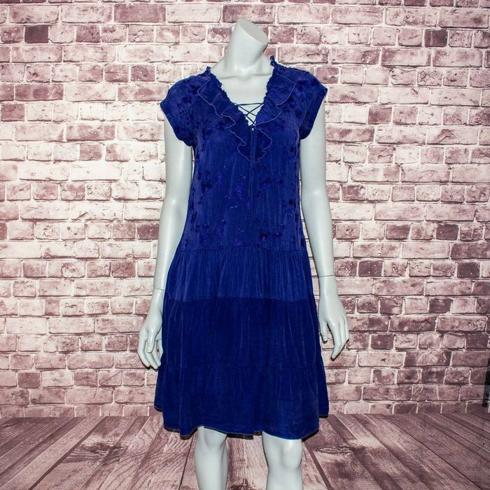 Johnny Was Johnny Was Women's Ruffle Lace-up Dress Semi Sheer Blue ...