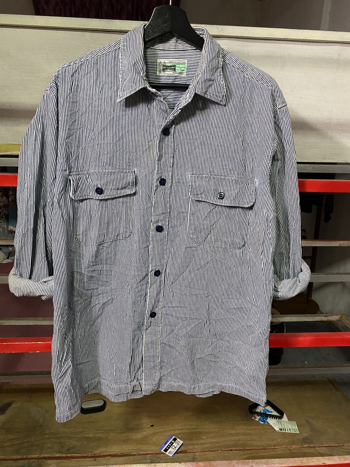 image of Distressed Denim x Workers Vintage Denim Chic Stripe Denim Worker Shirt in Hickory Stripe (Size Lar