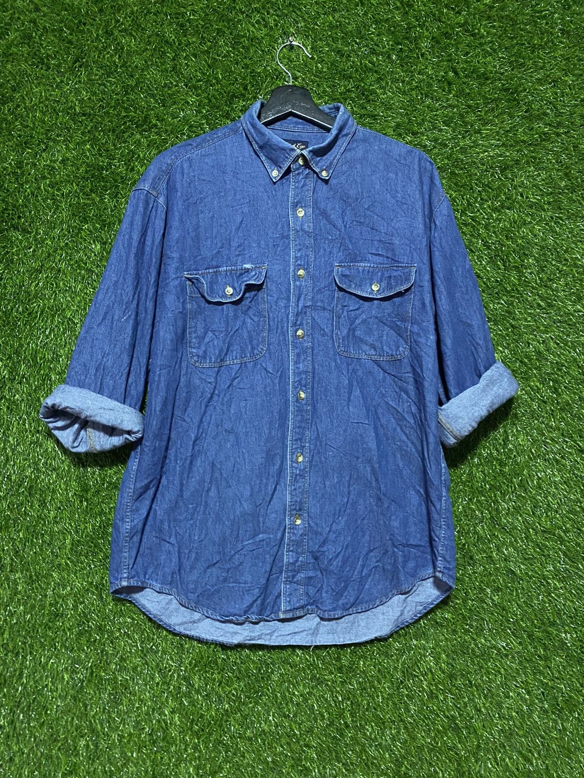 image of Distressed Denim Vintage Third Eye Denim Shirt in Denim/Tan, Men's (Size Large)