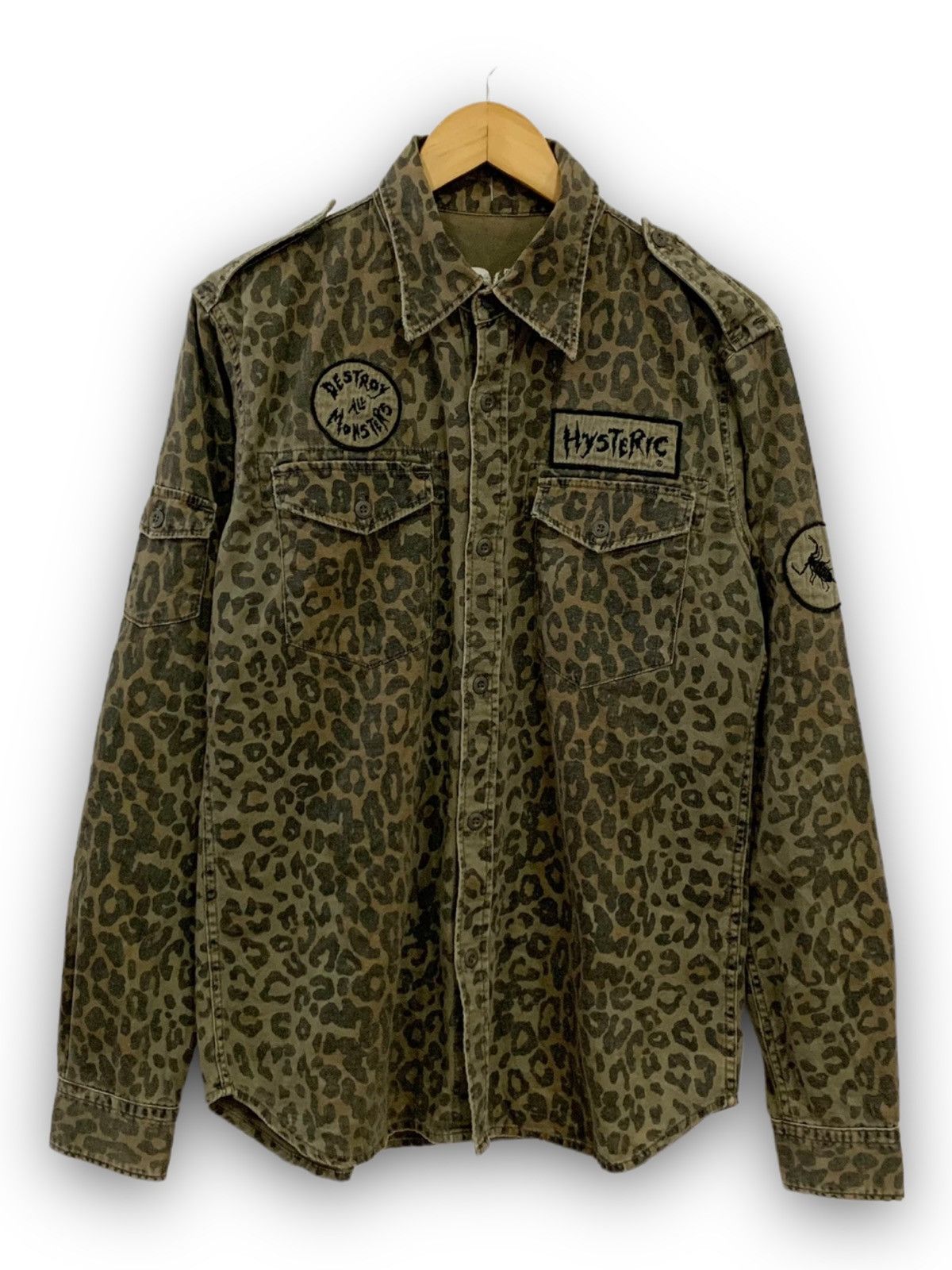 image of Hysteric Glamour Destroy All The Monster Long Sleeves Shirt in Army Green, Men's (Size Medium)