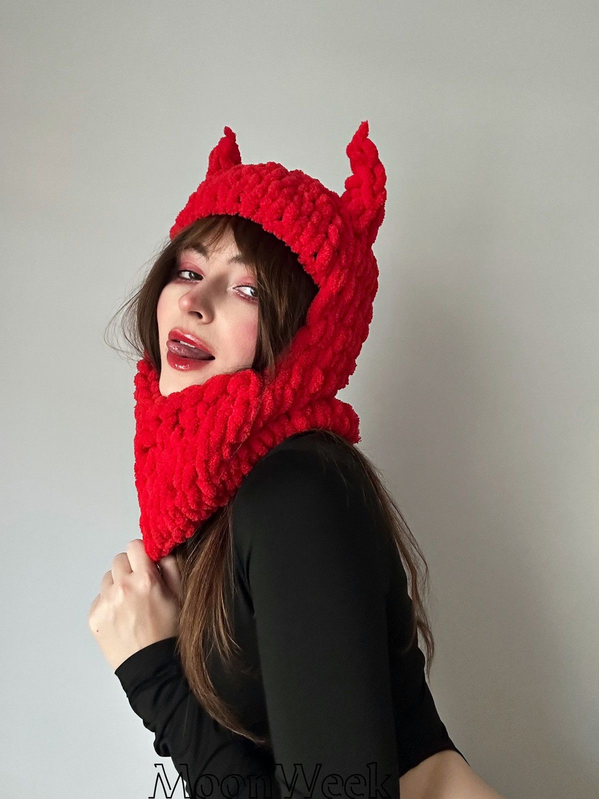 Red horns balaclava Winter hat devil mask Knitted Satan