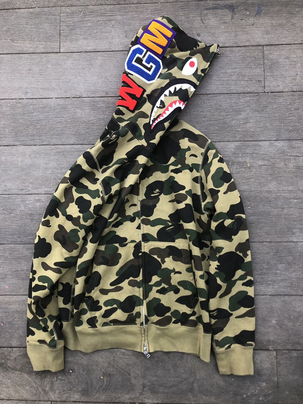 Pre-owned Bape A Bathing Ape Green Camo Full Zip Shark Hoodie