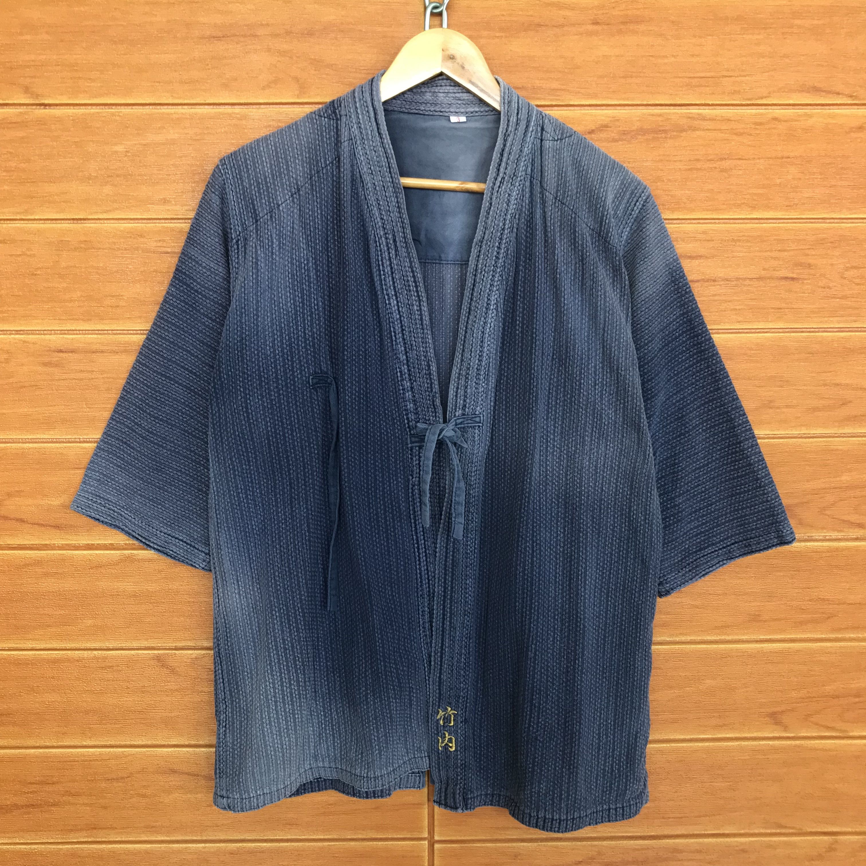 Indigo Vintage Kendo Noragi Indigo Faded Dyed Woven Cardigan jacket Size US L / EU 52-54 / 3 - 1 Thumbnail