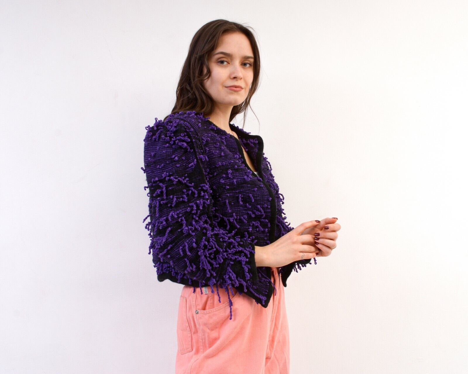 Vintage Women Wool Cardigan Sweater Jacket Threads Crop Knit Pattern Size S / US 4 / IT 40 - 1 Thumbnail