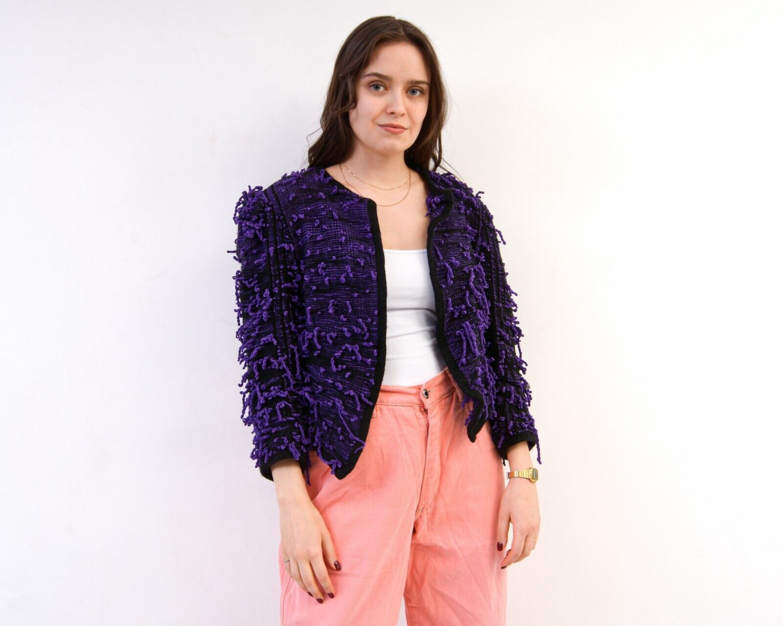 Vintage Women Wool Cardigan Sweater Jacket Threads Crop Knit Pattern Size S / US 4 / IT 40 - 2 Thumbnail
