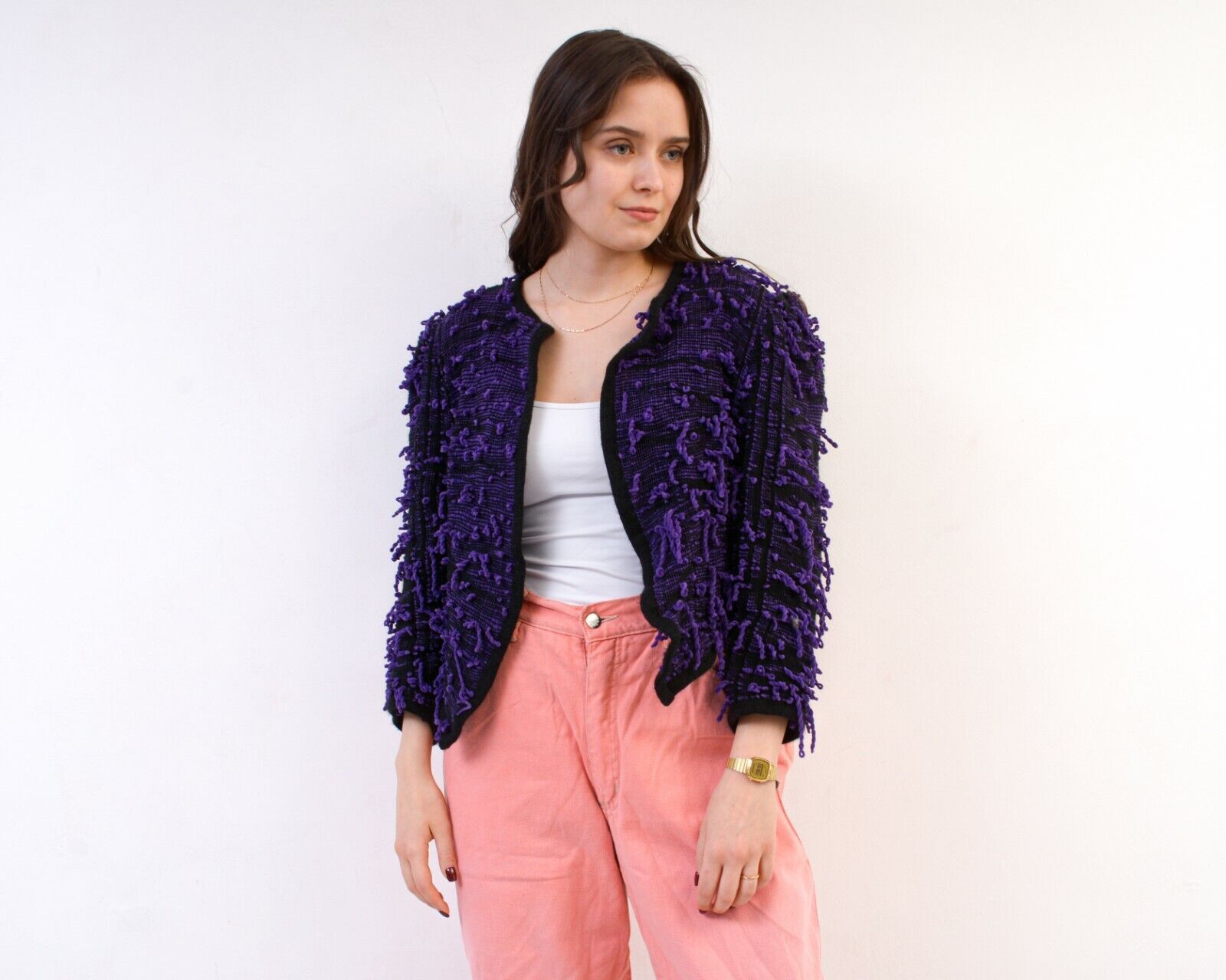 Vintage Women Wool Cardigan Sweater Jacket Threads Crop Knit Pattern Size S / US 4 / IT 40 - 3 Thumbnail