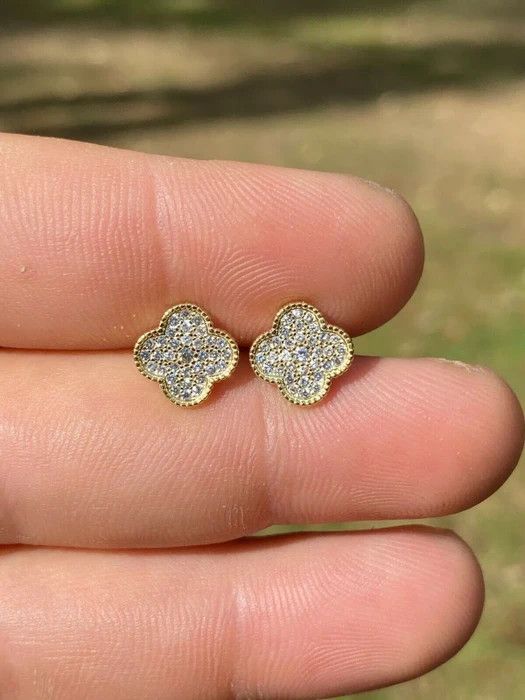 Other 14k Gold Over Real Solid Silver Earrings Clover Flower Size ONE SIZE - 3 Thumbnail