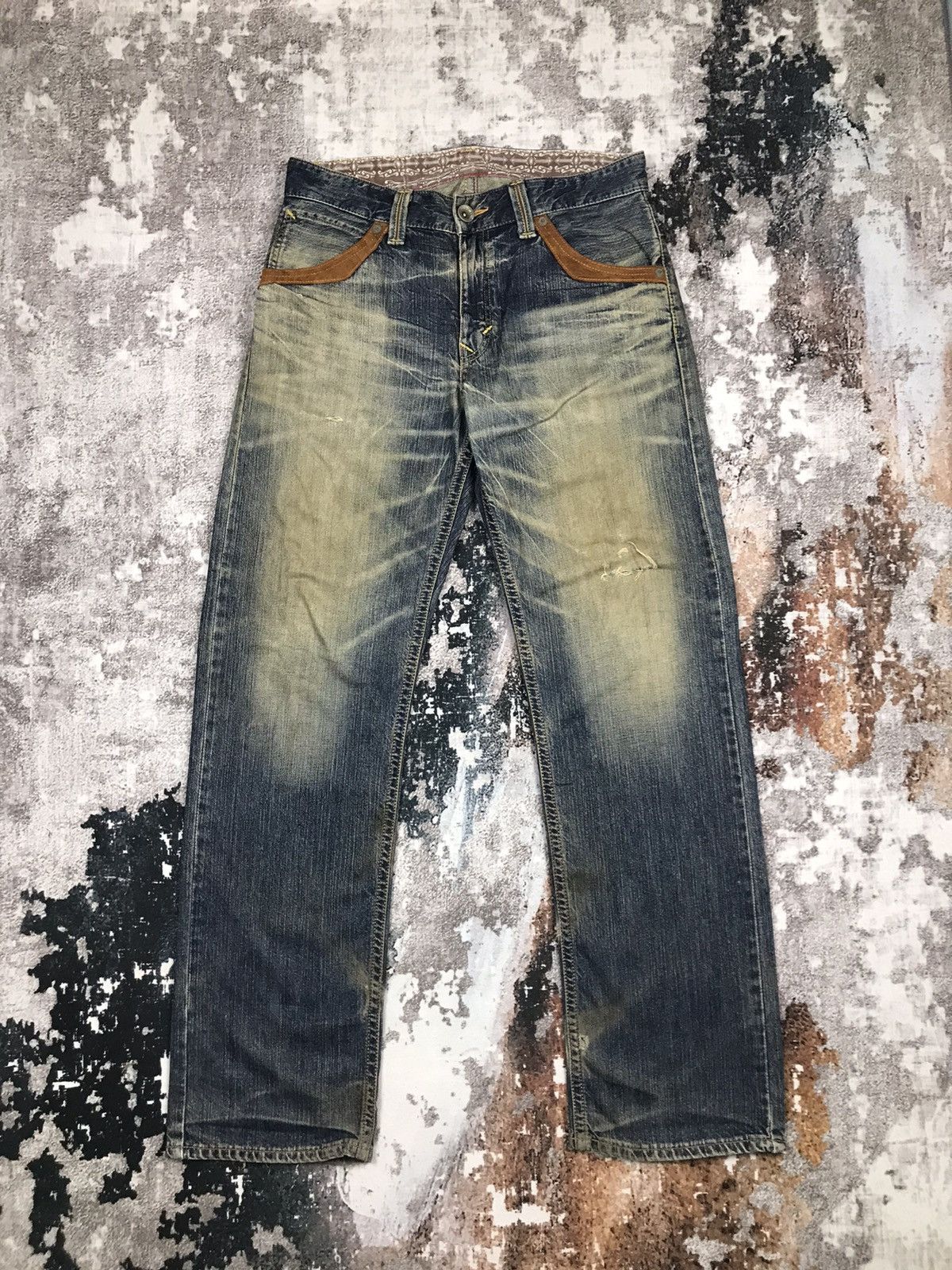 image of Distressed Denim x Edwin Vintage Edwin Ev Dirty Distressed Design Denim Jeans in Blue (Size 34)