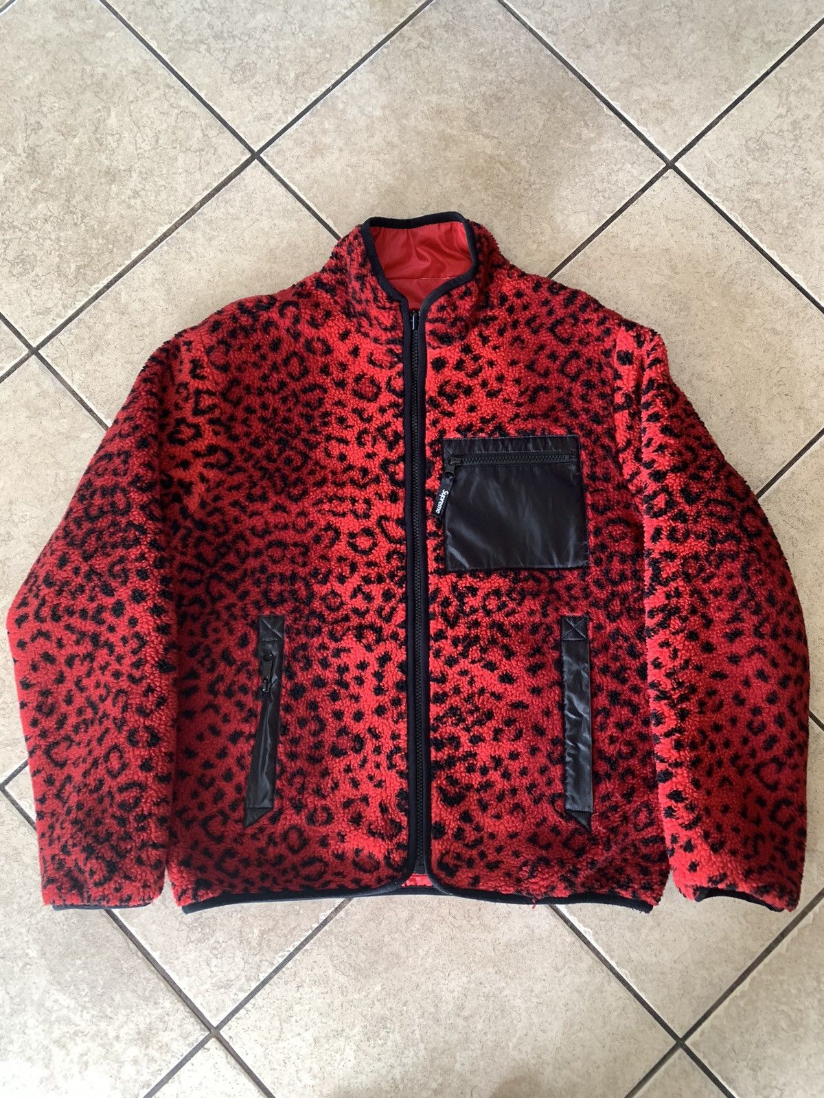 Image of Supreme Leopard Fleece Reversible Jacket Fw17 Red, Men's (Size Small)