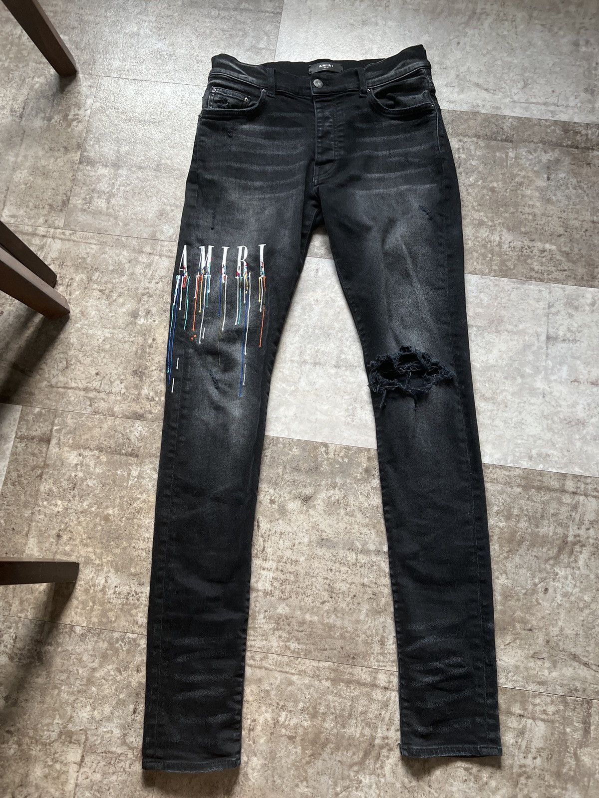 image of Amiri Black Paint Drop Logo Jeans, Men's (Size 31)