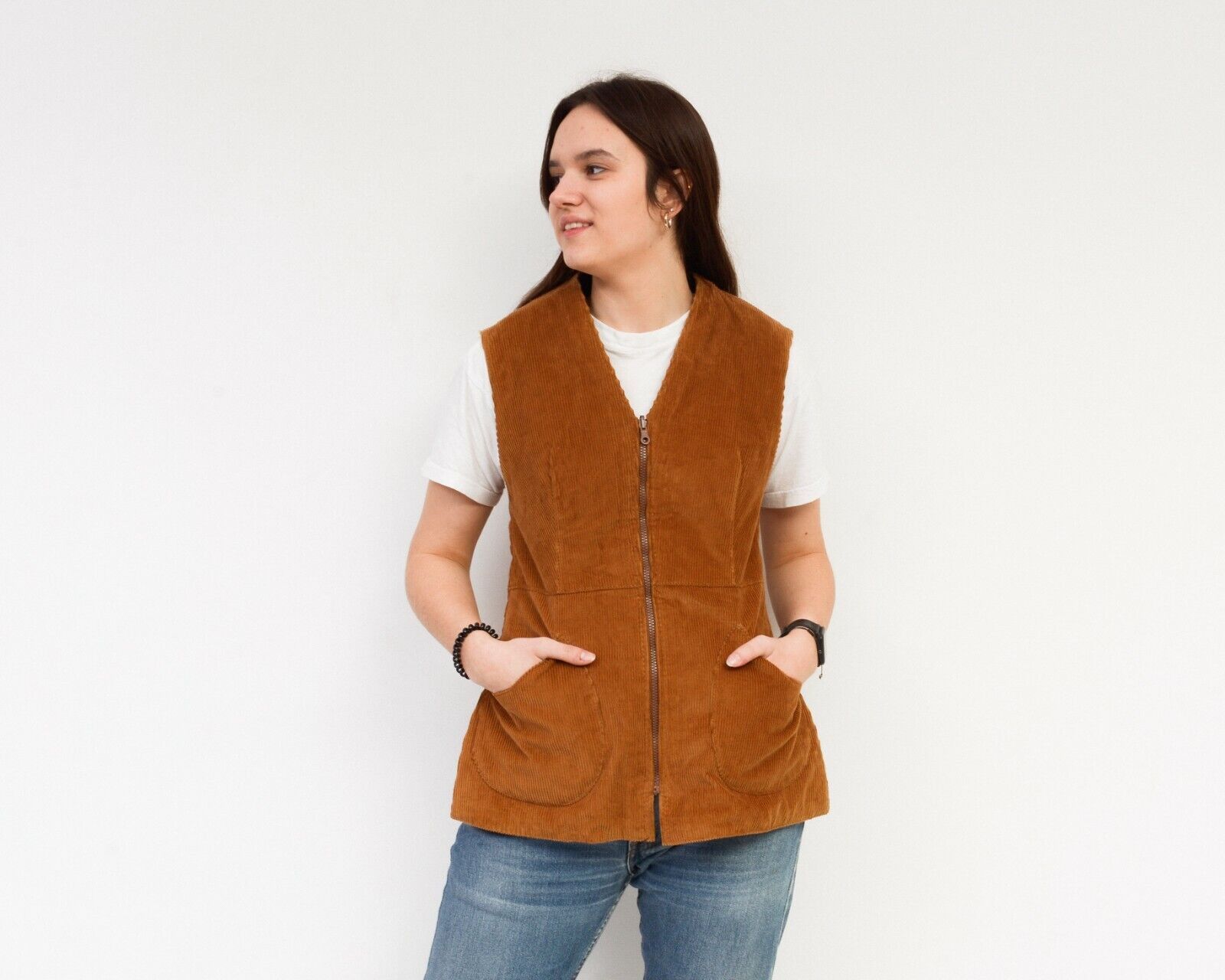 Vintage Real Fur Corduroy Vest Tank Gilet Top Waistcoat Double Sided Size M / US 6-8 / IT 42-44 - 5 Thumbnail