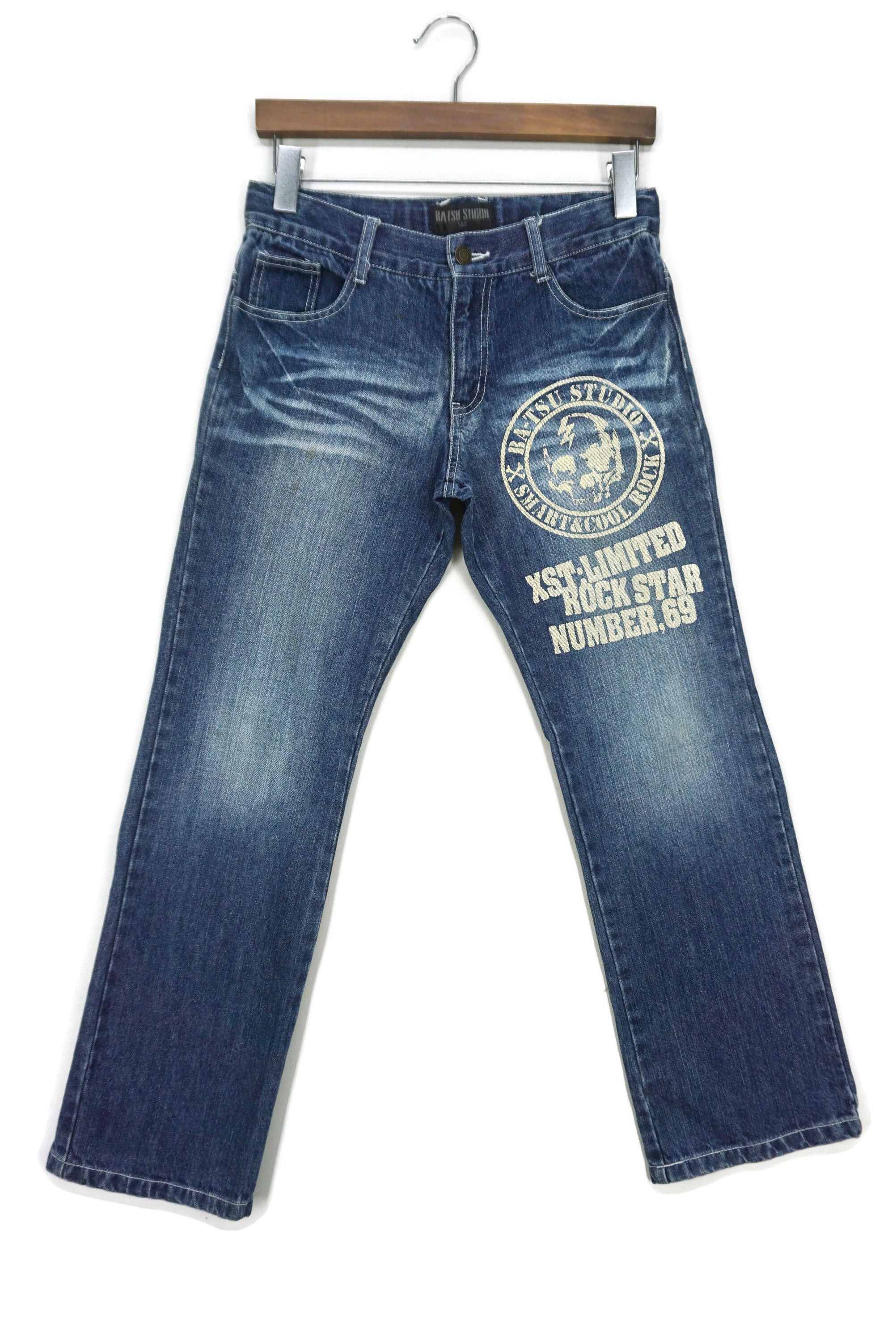 image of Rockers Ba-Tsu Studio Skull Print Japan Punk Ankle Tapered Cropped in Blue, Women's (Size 26)