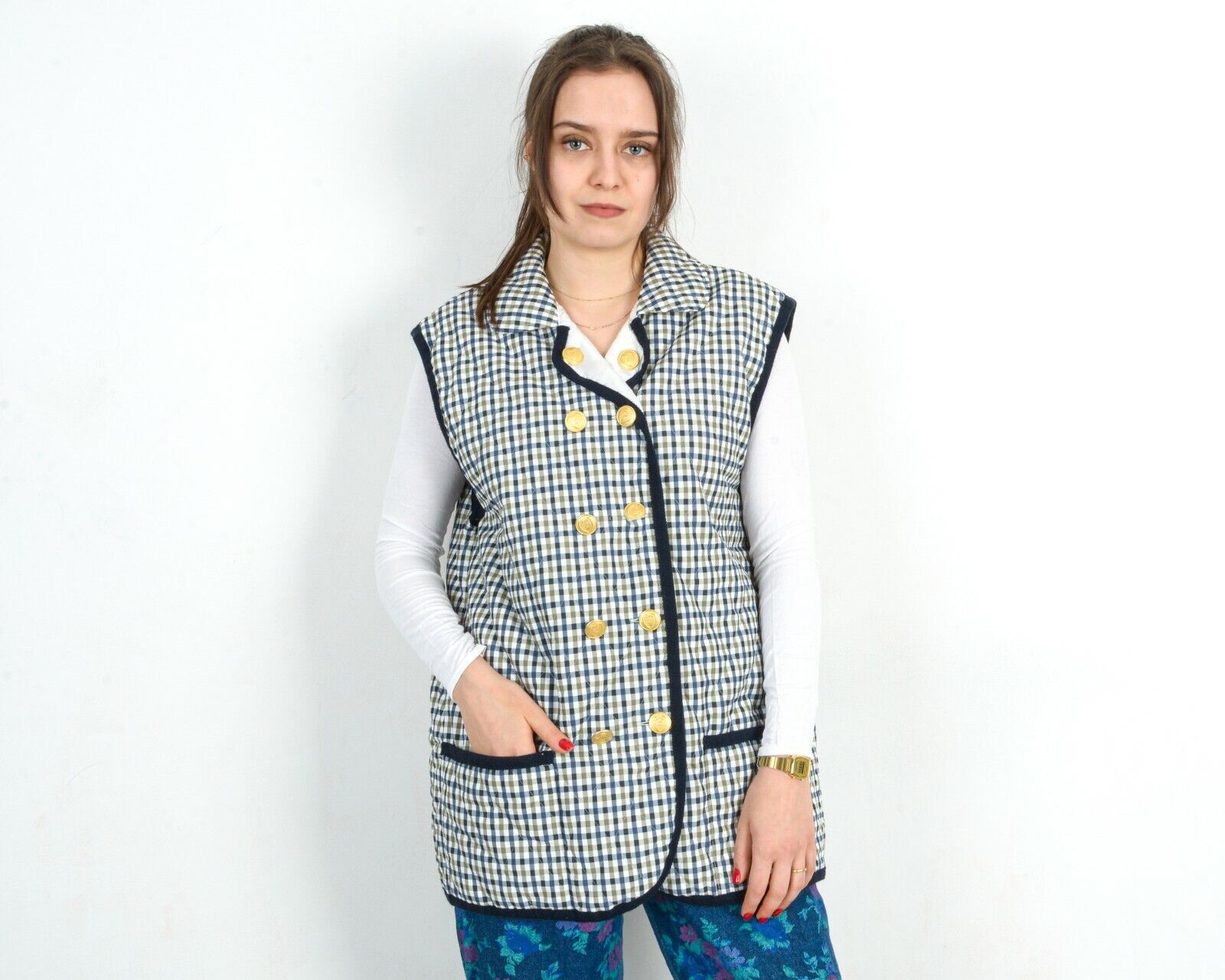 Other × Vintage M Vest Tank Check Plaid Tartan Waistcoat Double Breasted Size M / US 6-8 / IT 42-44 - 1 Thumbnail