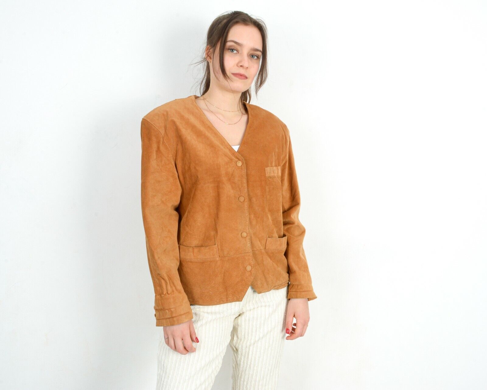 Vintage 80's Suede Leather Jacket Blazer Snap Buttons Up Coat Beige Size L / US 10 / IT 46 - 2 Thumbnail