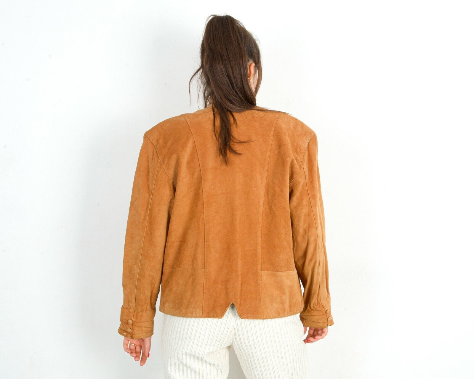 Vintage 80's Suede Leather Jacket Blazer Snap Buttons Up Coat Beige Size L / US 10 / IT 46 - 4 Thumbnail