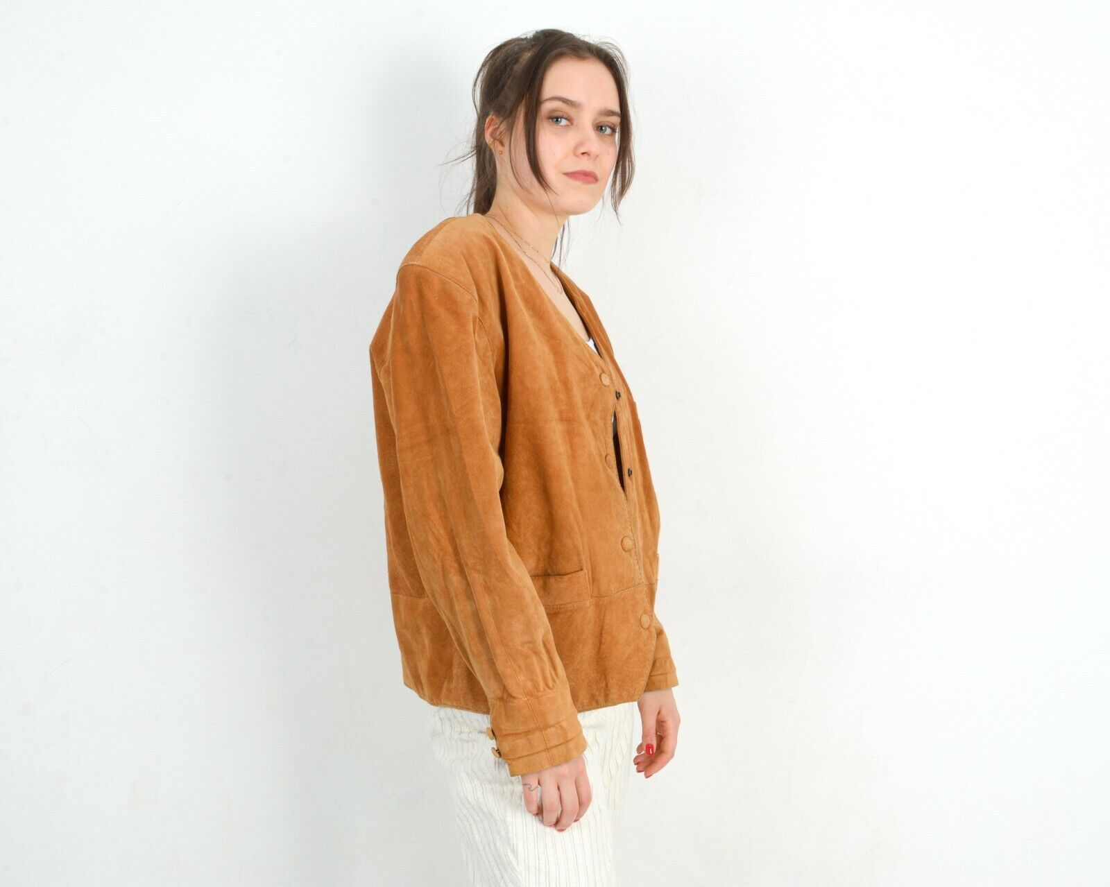 Vintage 80's Suede Leather Jacket Blazer Snap Buttons Up Coat Beige Size L / US 10 / IT 46 - 3 Thumbnail