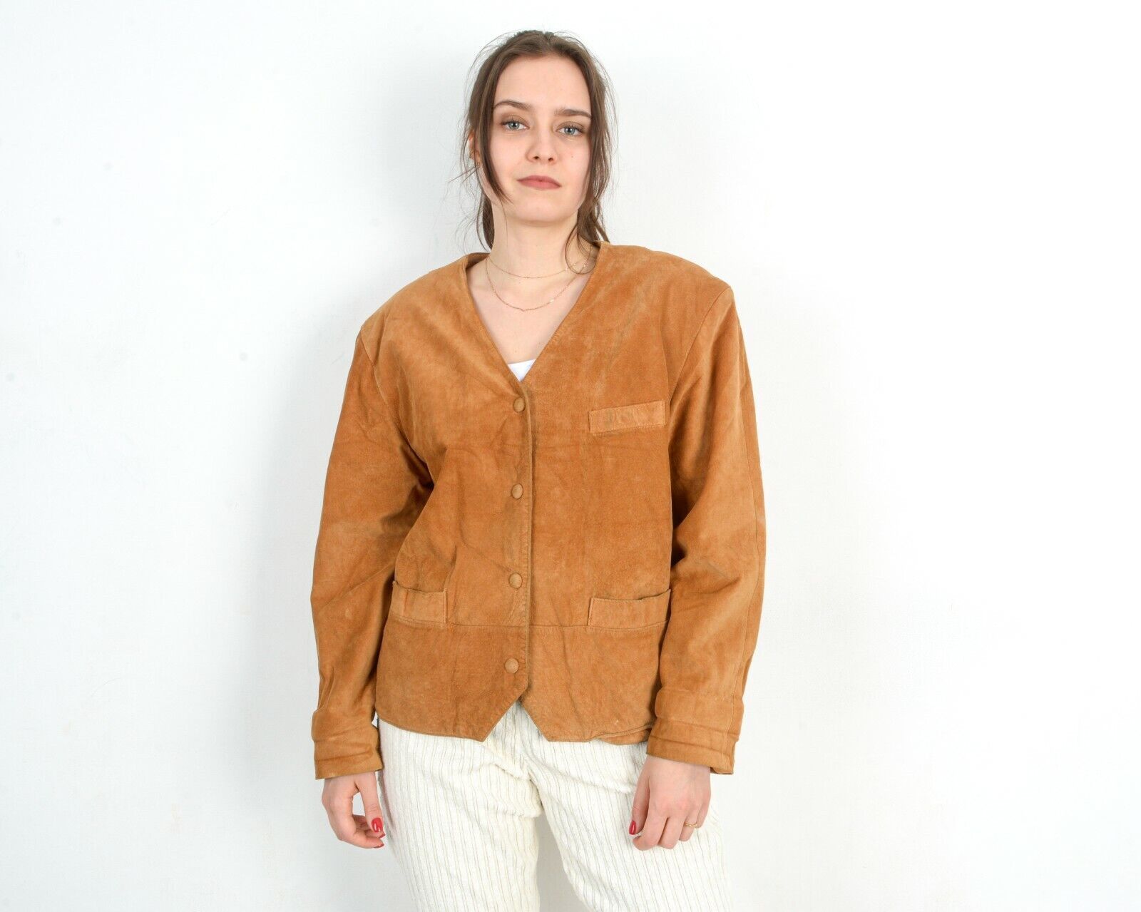 Vintage 80's Suede Leather Jacket Blazer Snap Buttons Up Coat Beige Size L / US 10 / IT 46 - 1 Thumbnail