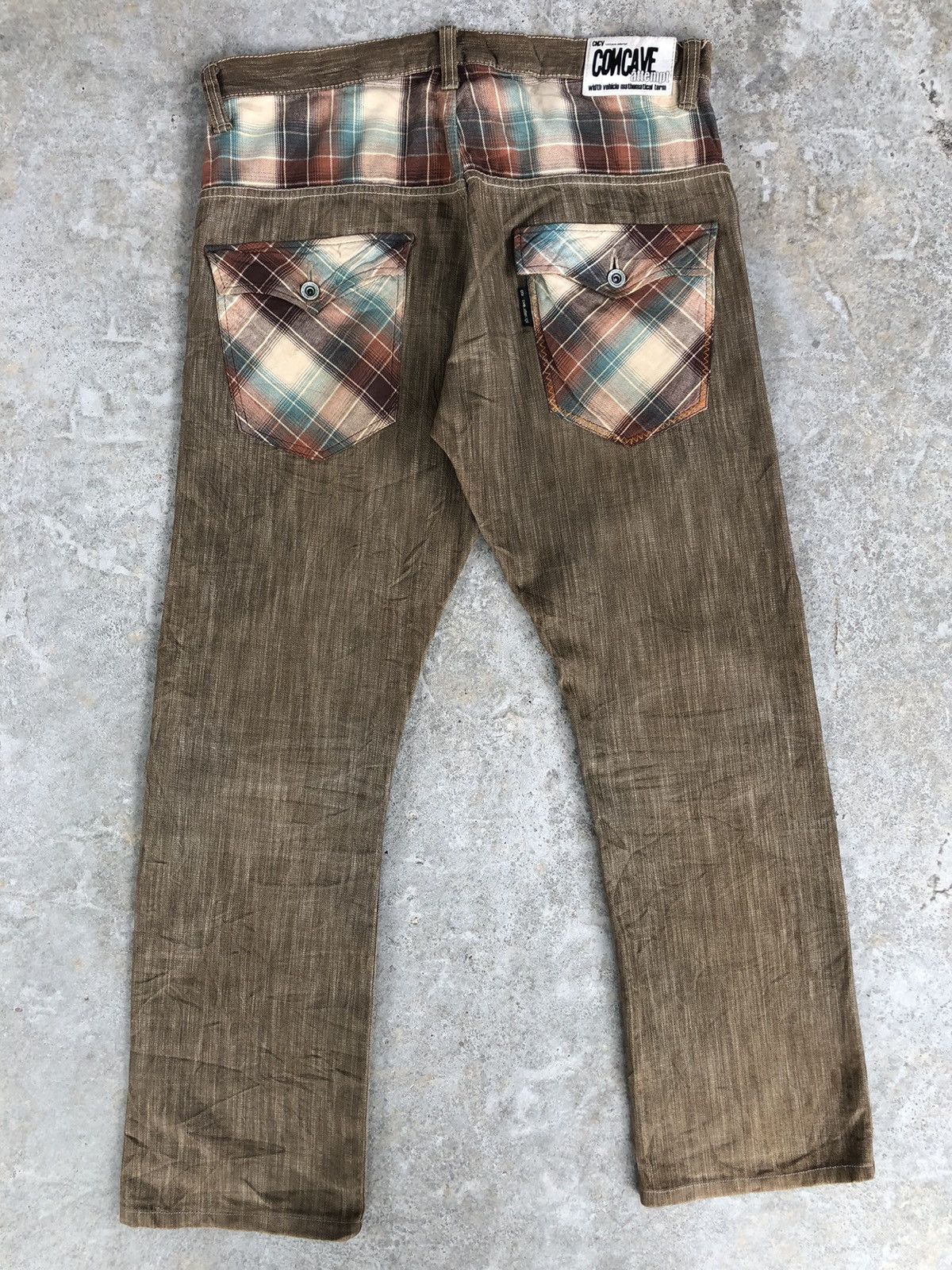 image of Archival Clothing Concave Attempt Checkered Plaid Pocket Distressed Jeans in Chocolate (Size 36)