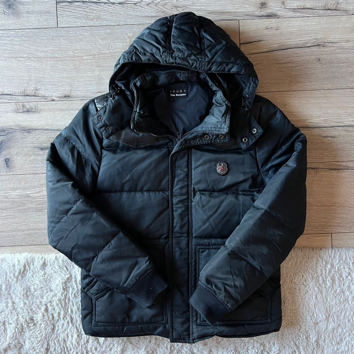 image of The Kooples Black Designer Puffer Jacket, Men's (Size Medium)