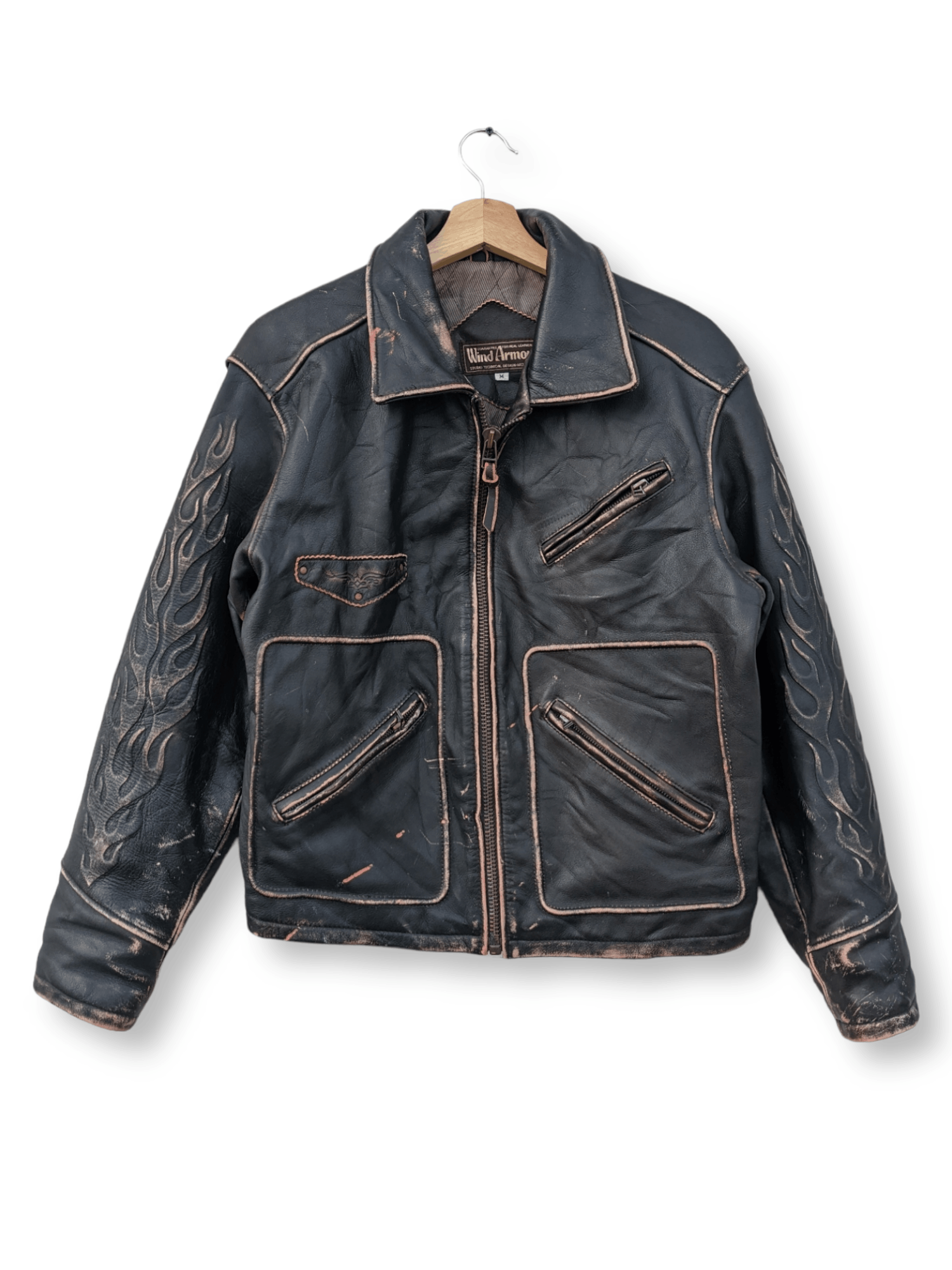 image of Genuine Leather Wind Armor Nichiwa Flame Design Leather Jacket in Black, Men's (Size Medium)