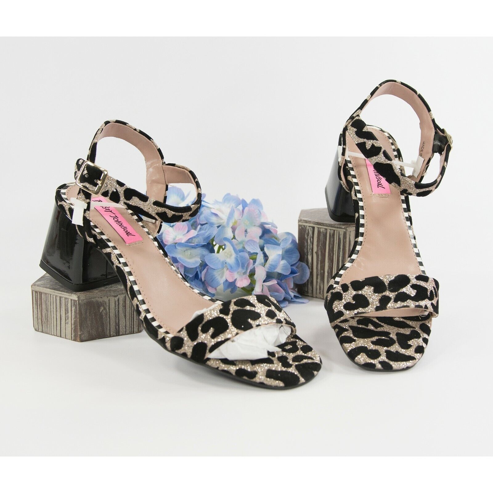 Betsey Johnson Deena Gold Leopard Ankle Strap Chunky Block H