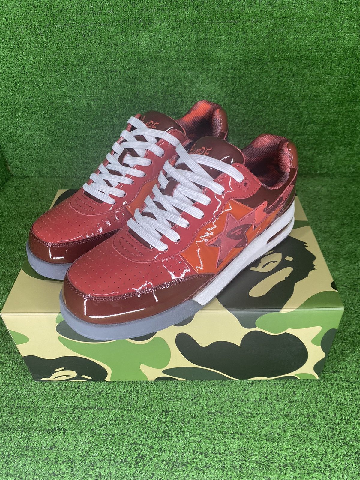 image of Bape Road Sta 1 Patent Leather Red Size 7 Shoes in Red Camo, Men's