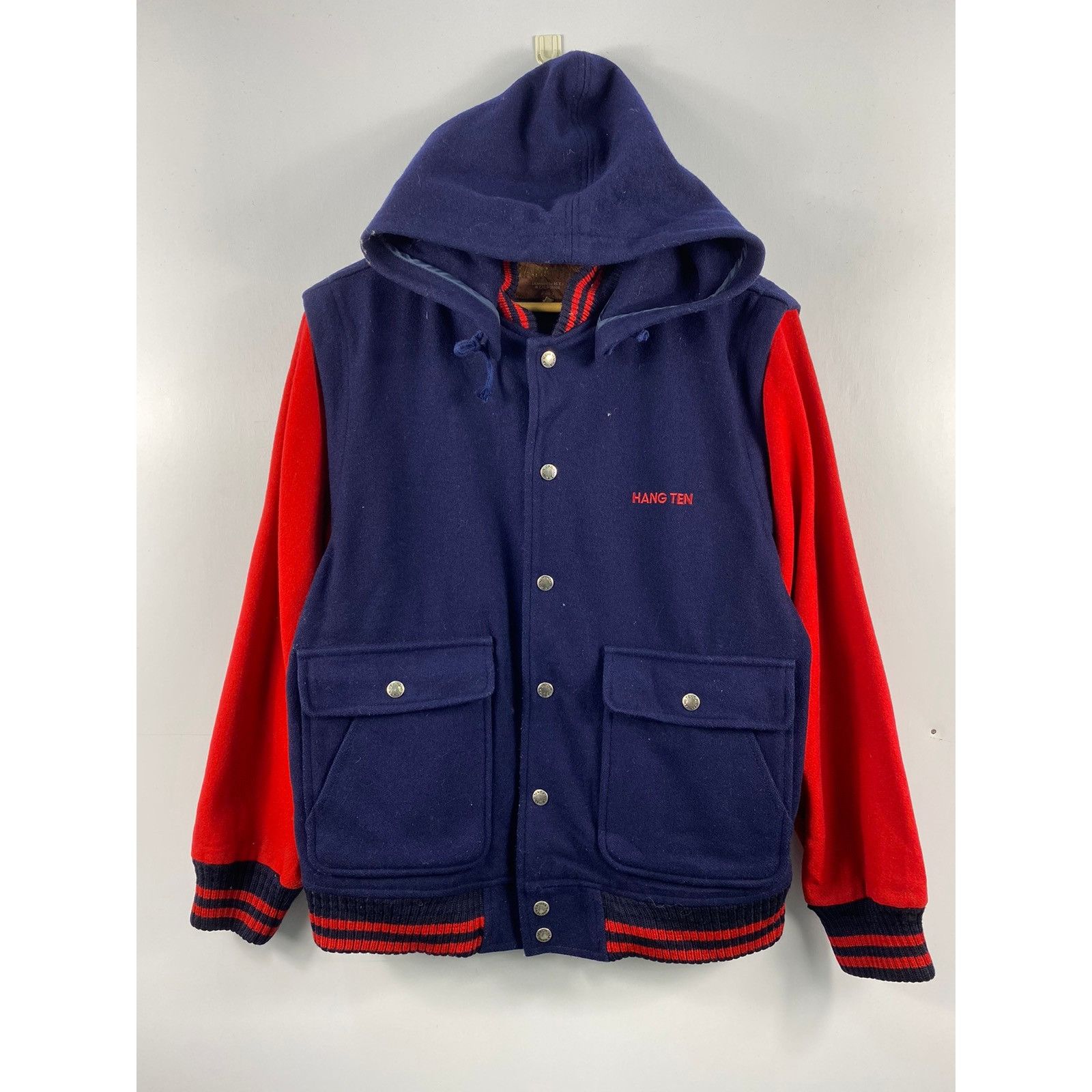image of Cashmere Wool x Hang Ten Vintage Hang Ten Tactical Jacket Hoodie Wool Jacket in Dark Blue (Size Lar