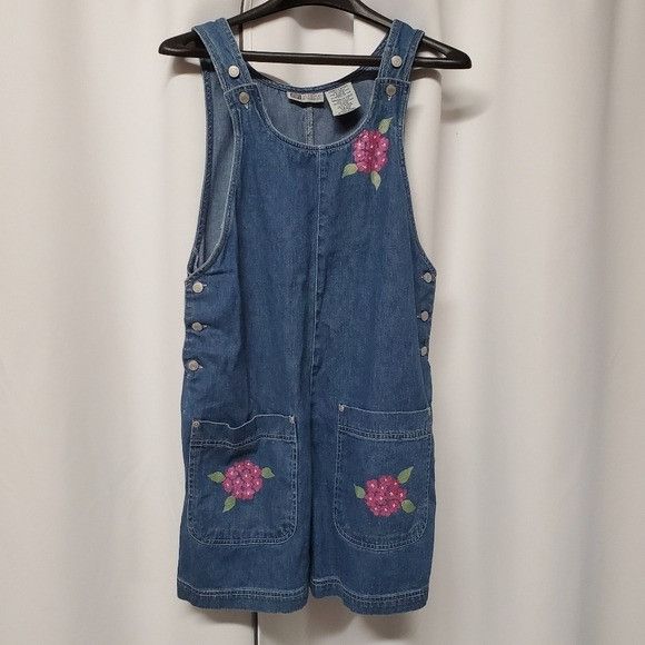 Vintage 90s Y2k Overall Denim Jean Shorts Shortalls Jumper F