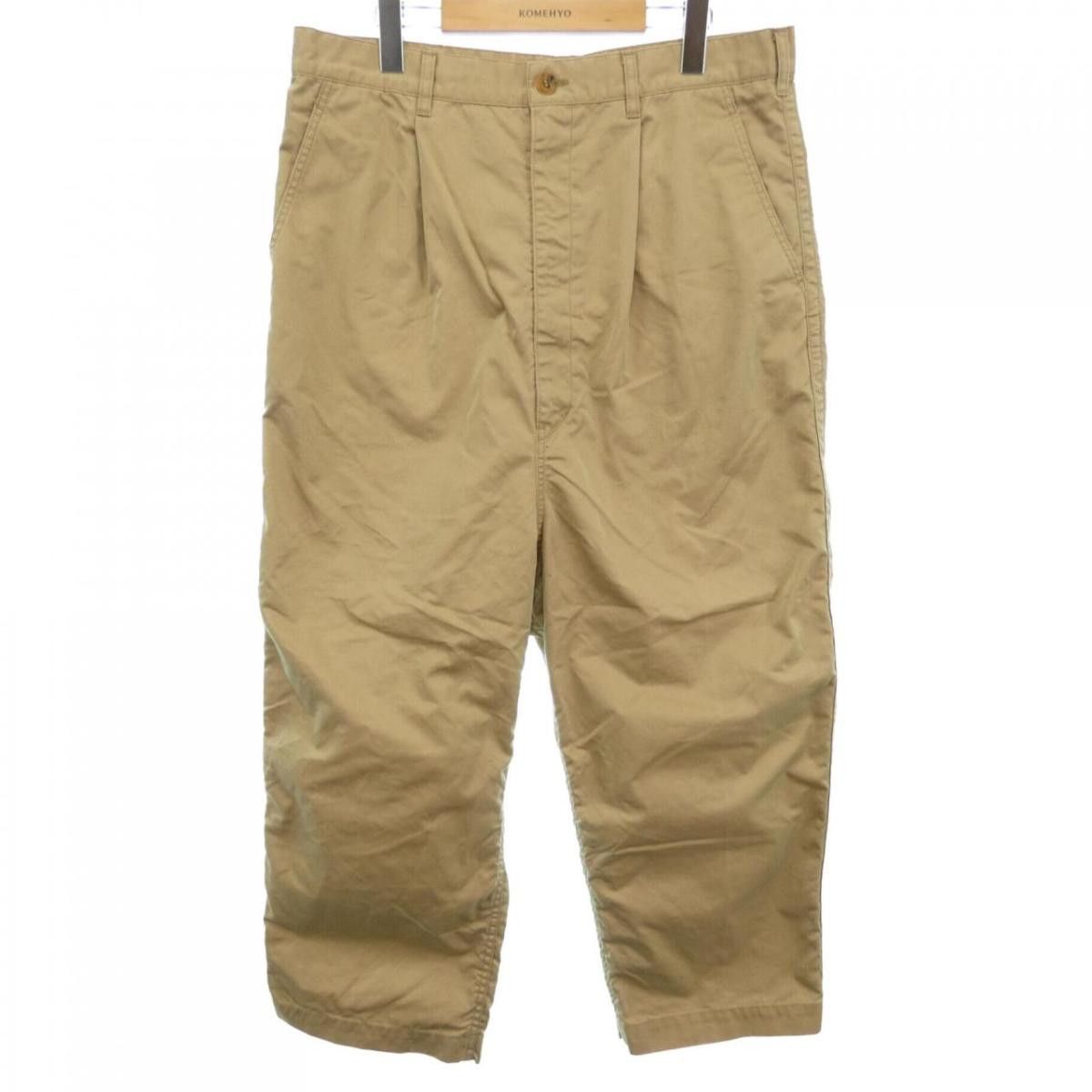 Cropped Pants Beige Plain Cotton Long