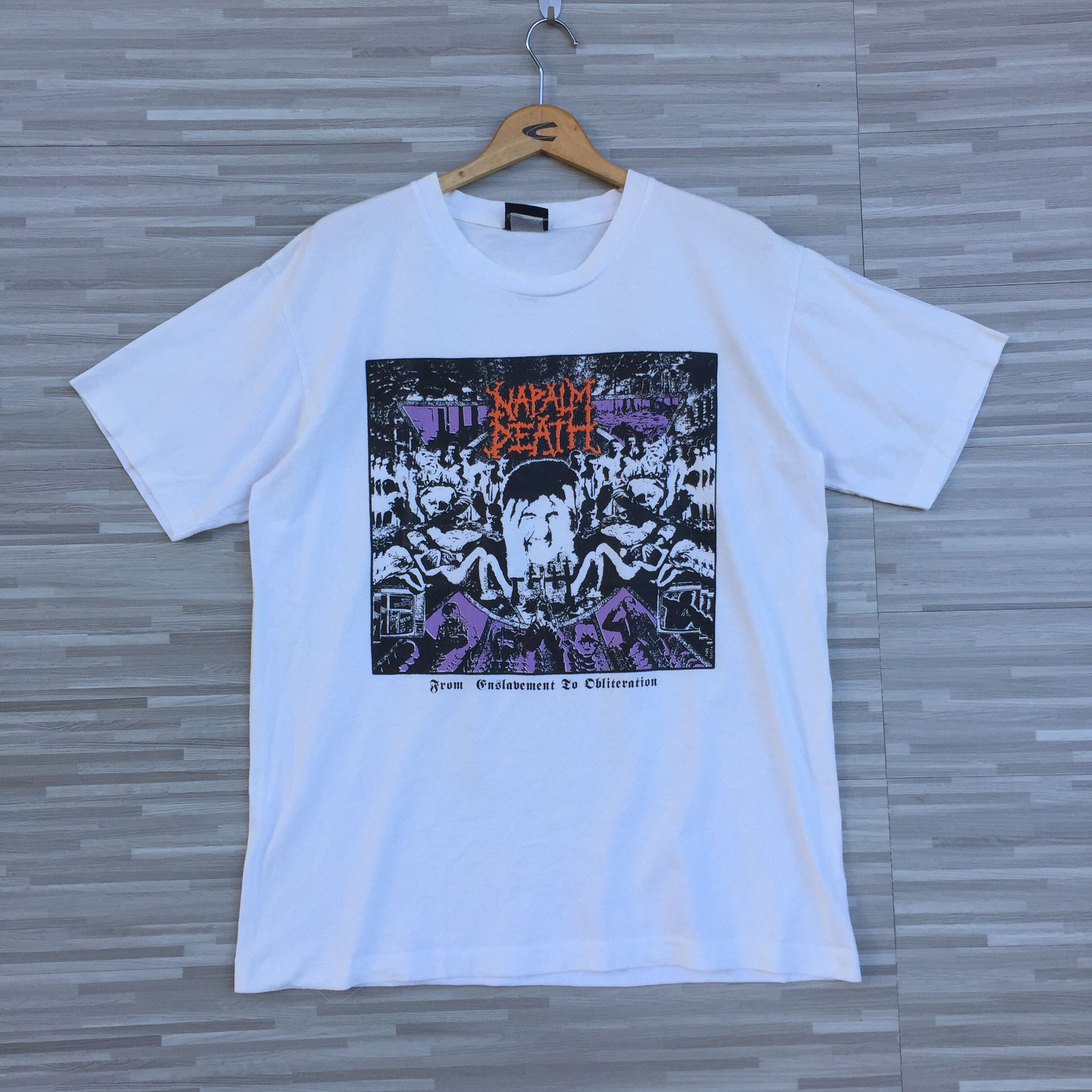 image of Band Tees 90's Napalm Death From Enslavement To Obliteration Album in White, Men's (Size Large)