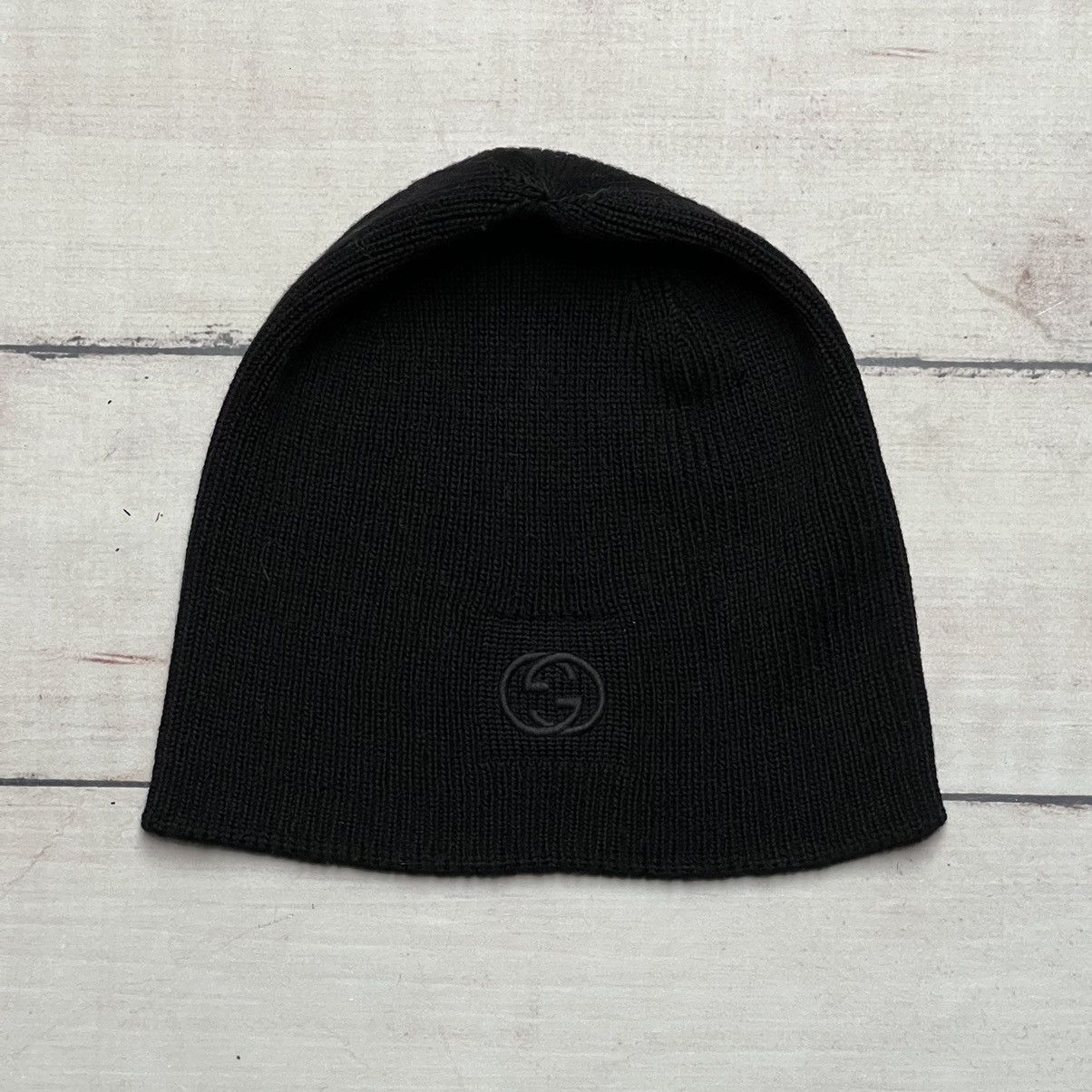 Pre-owned Gucci Gg Winter Hat Beanie Big Logo Wool Black