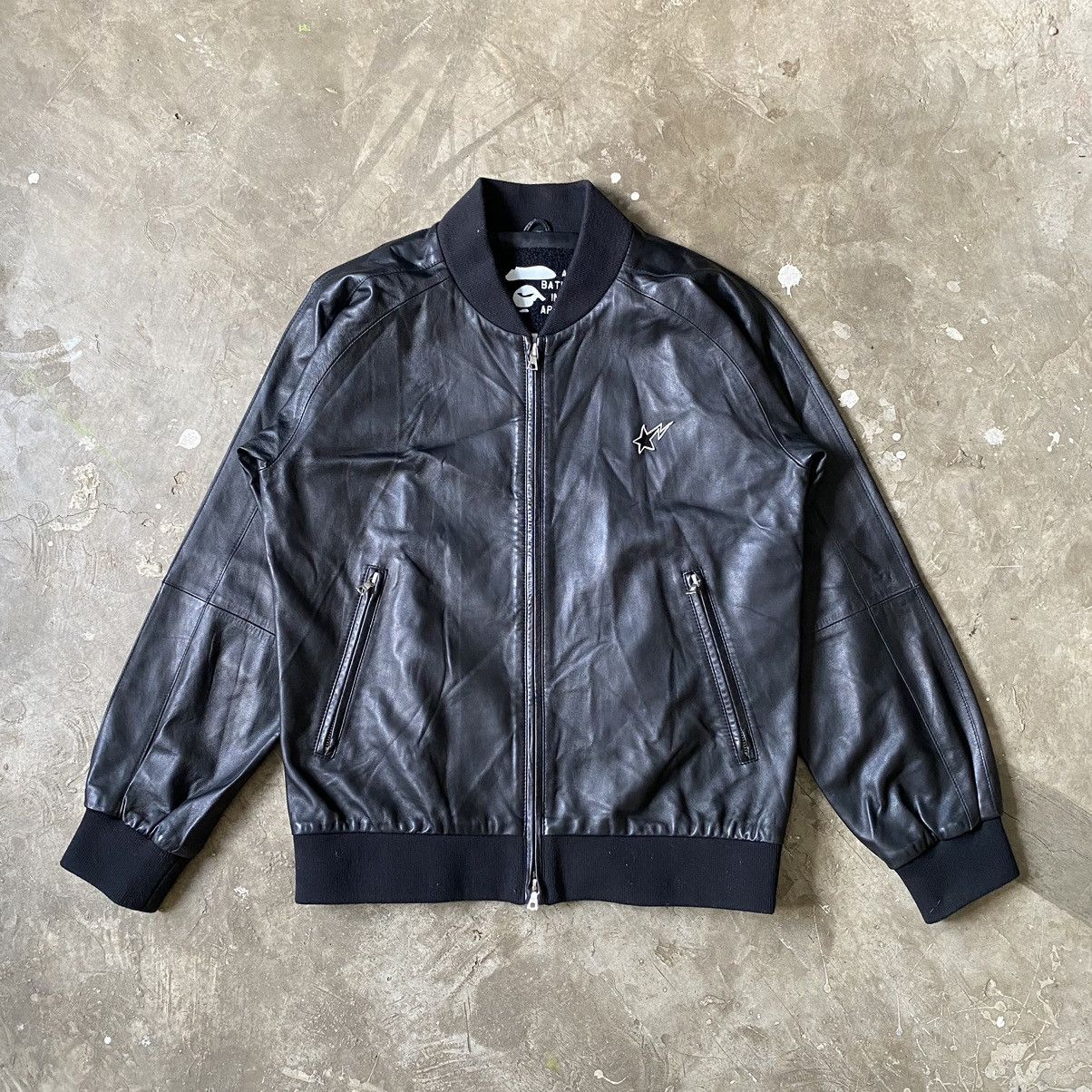 image of Bape - Nigo Era - Sta Logo Leather Bomber Jacket in Black, Men's (Size XS)