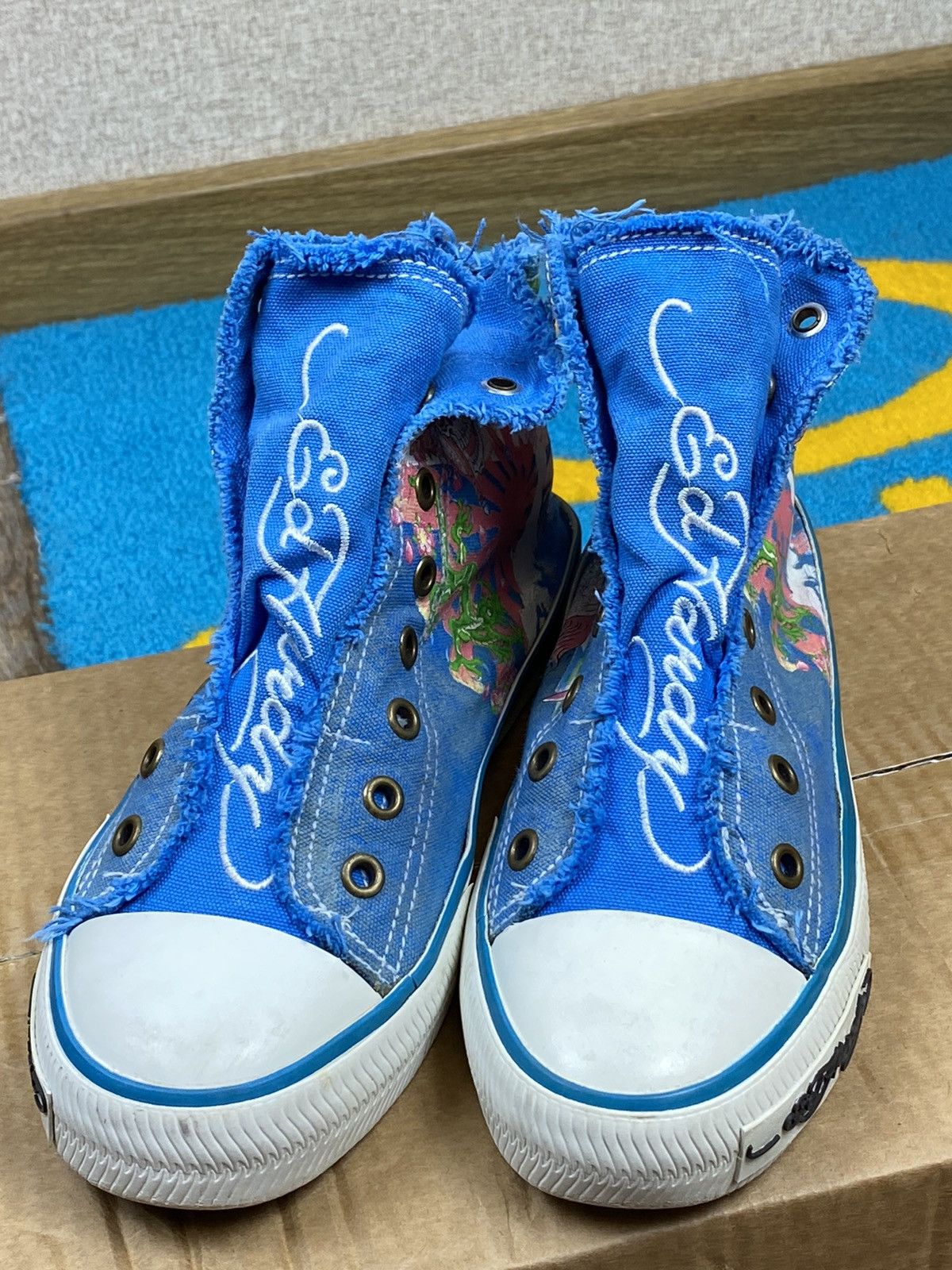 Christian Audigier Ed Hardy sculls distressed hi top blue shoes sneakers Size US 7 / EU 40 - 9 Thumbnail