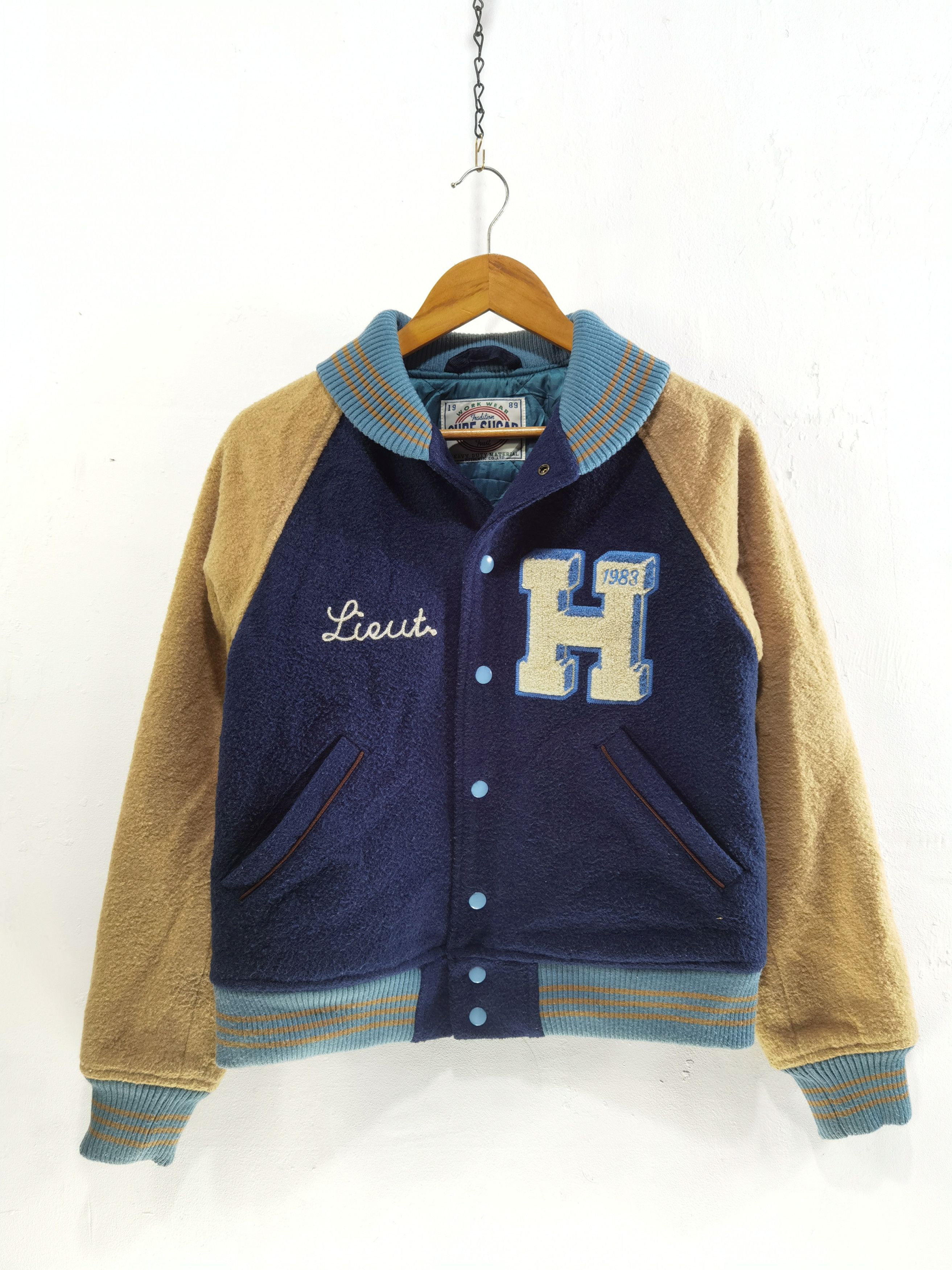 G1 Cube Sugar wool blue varsity letter H jacket retro