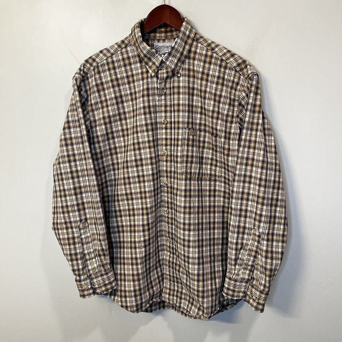 Vintage Carhartt Brown Plaid Button Up Long Sleeve Collared Shirt | Grailed