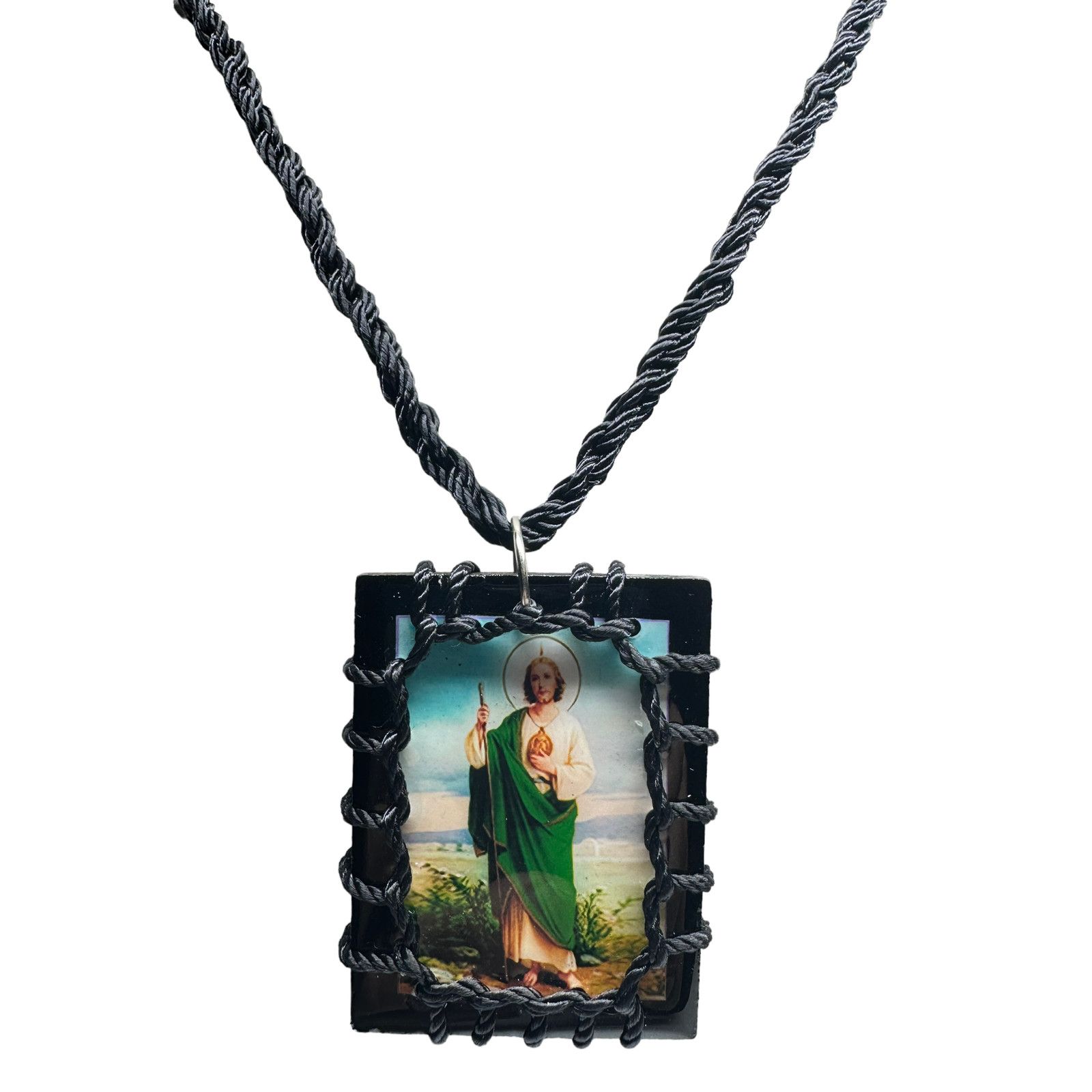 Handmade Large St Jude Scapular Necklace Knotted Rope Black Wood NEW Size ONE SIZE - 2 Thumbnail