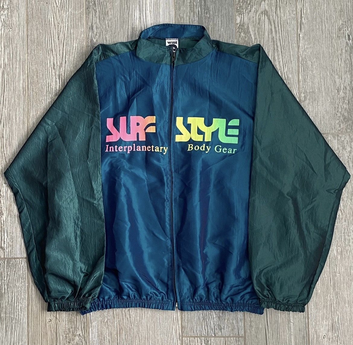 image of 1990S Surf Style Blue Green Nylon Graphic Art Zip Up Jacket, Men's (Size XL)