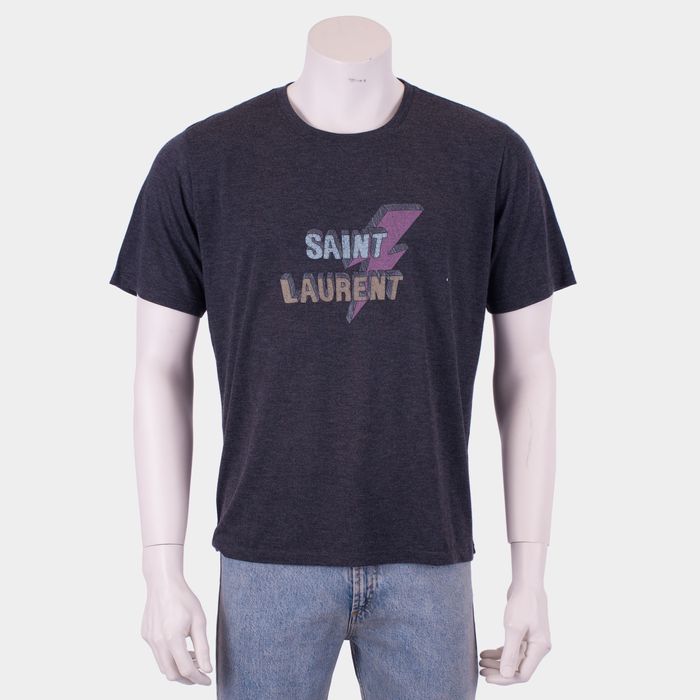 Saint Laurent Paris 490$ Black Cotton Jersey Tshirt With Lightning Bolt ...