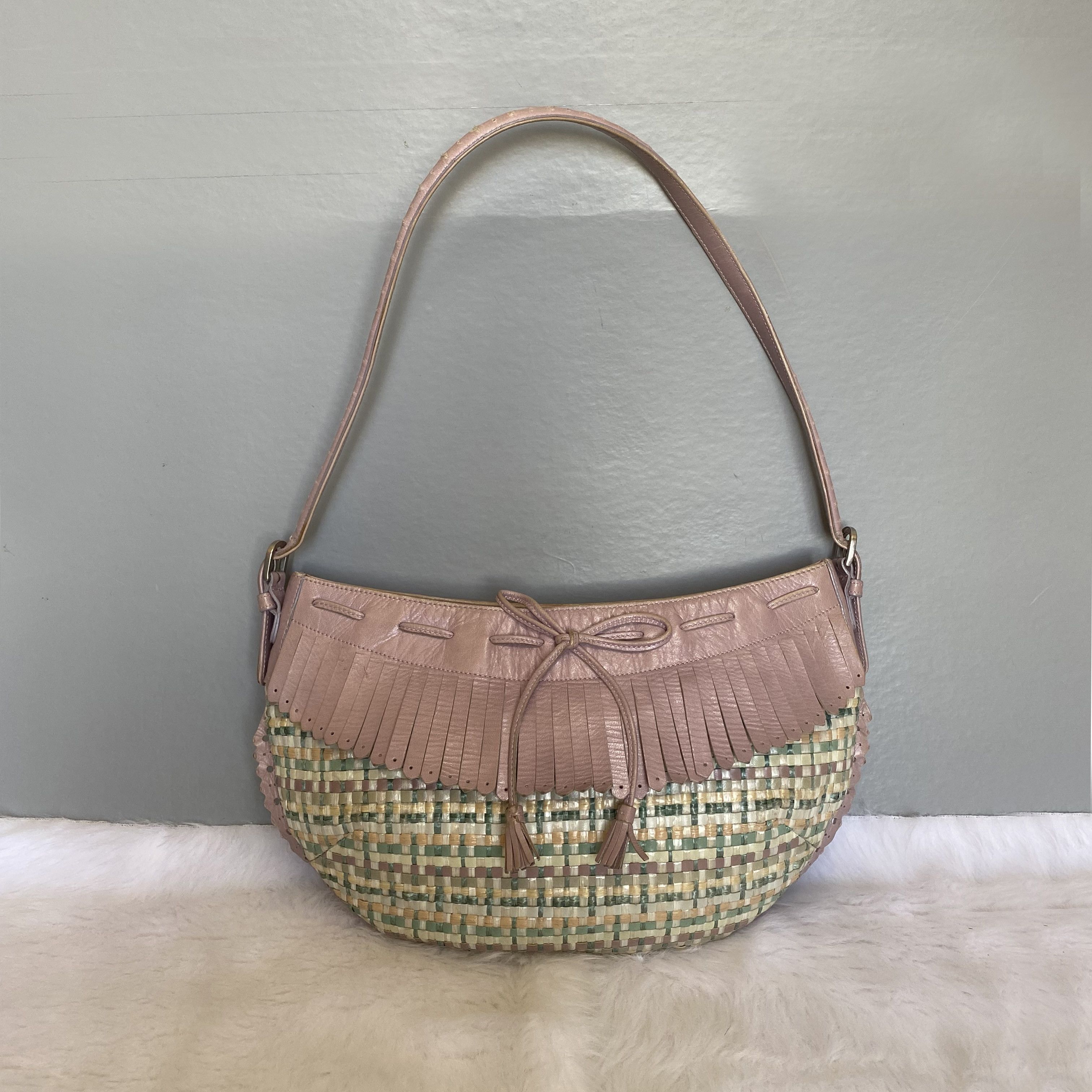Moschino Pink Multicolor Woven Straw & Leather Shoulder Bag