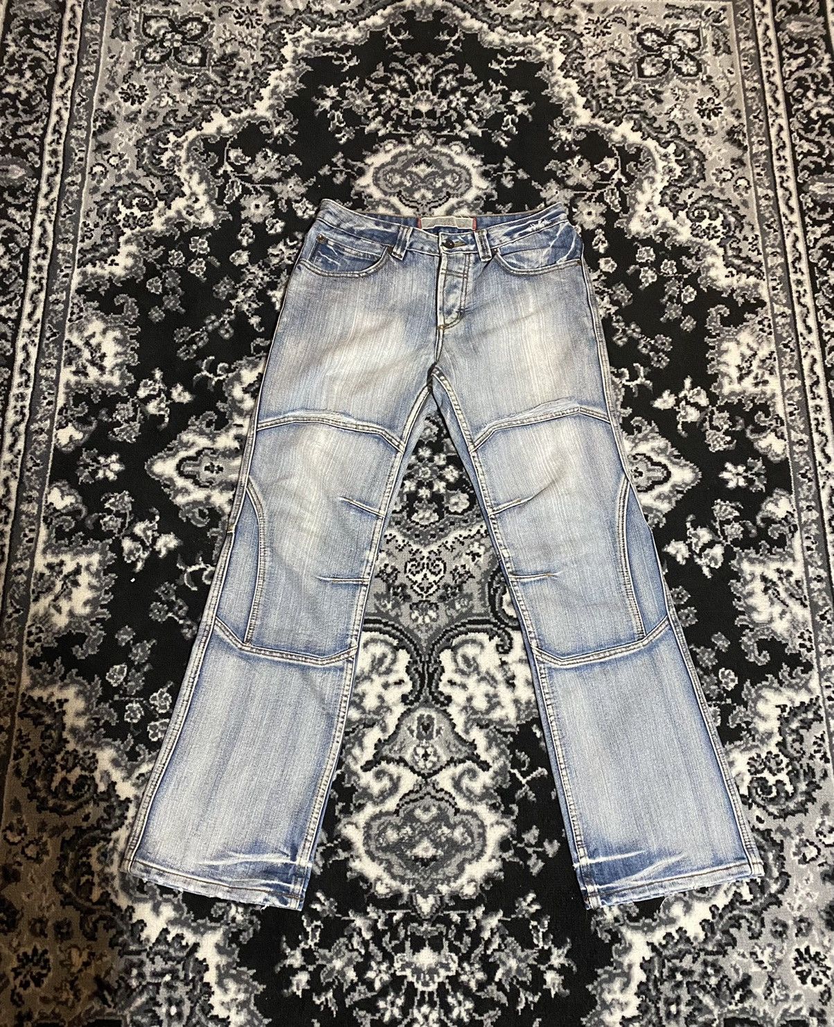 Vintage Fishbone Faded Distressed Flared Denim Jeans
