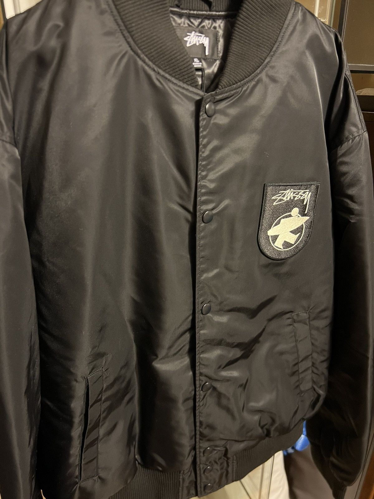 ジャケット・アウター STUSSY SURFMAN STADIUM JACKET Stussy Unisex Surfman Stadium Bomber Jacket Black 115580