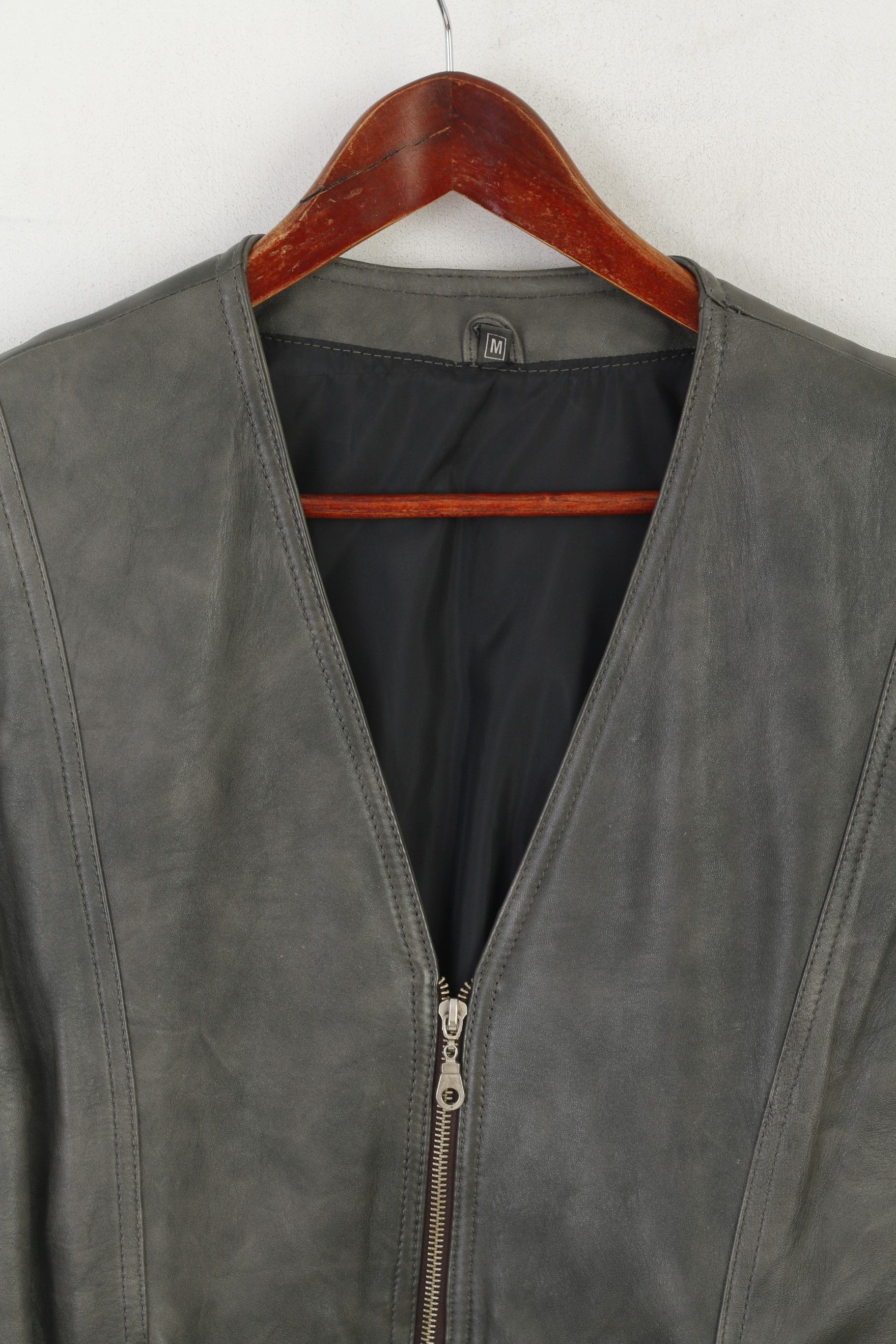 Leather Vintage Women M Waistcoat Gray Leather Biker 0887 Size M / US 6-8 / IT 42-44 - 3 Thumbnail