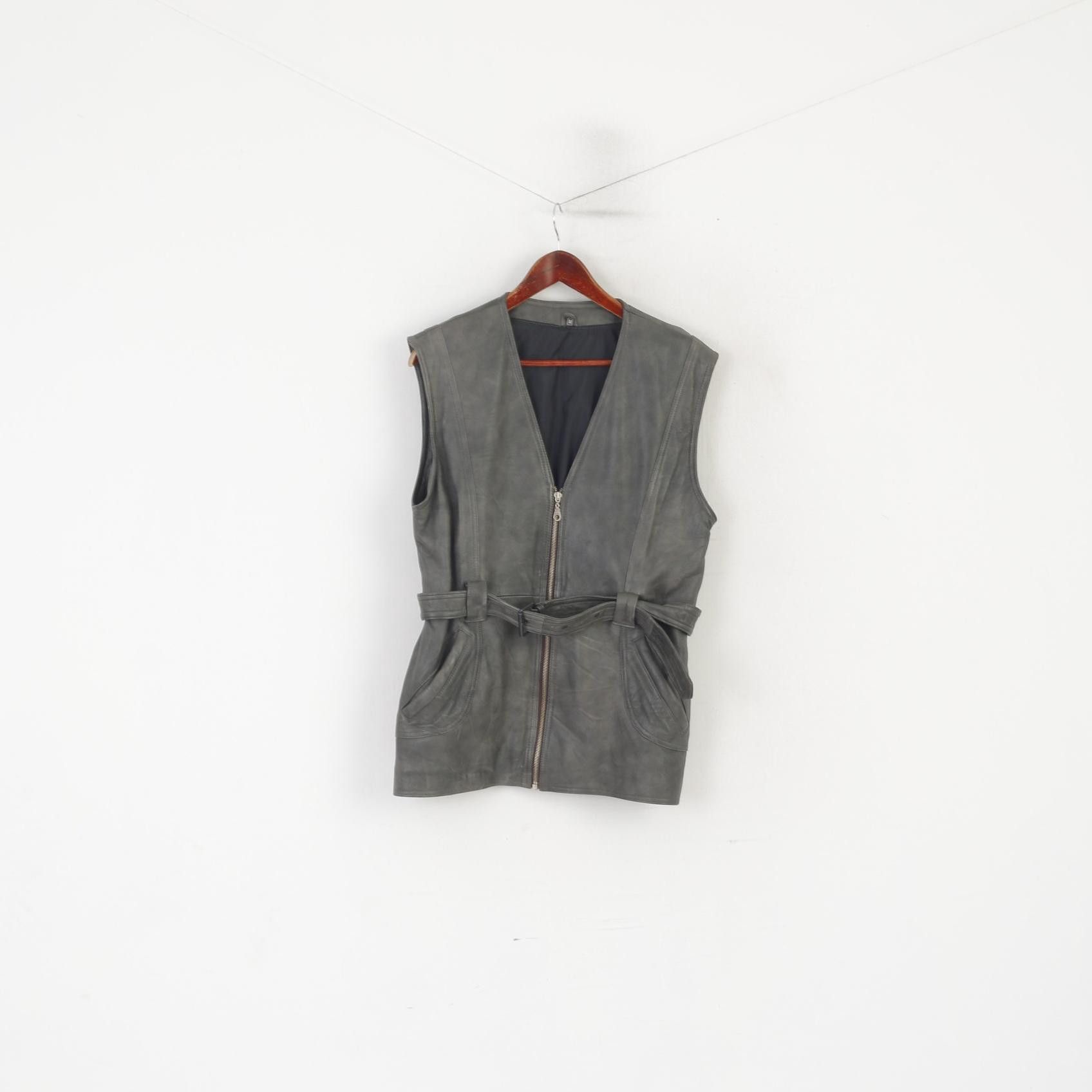 Leather Vintage Women M Waistcoat Gray Leather Biker 0887 Size M / US 6-8 / IT 42-44 - 2 Thumbnail